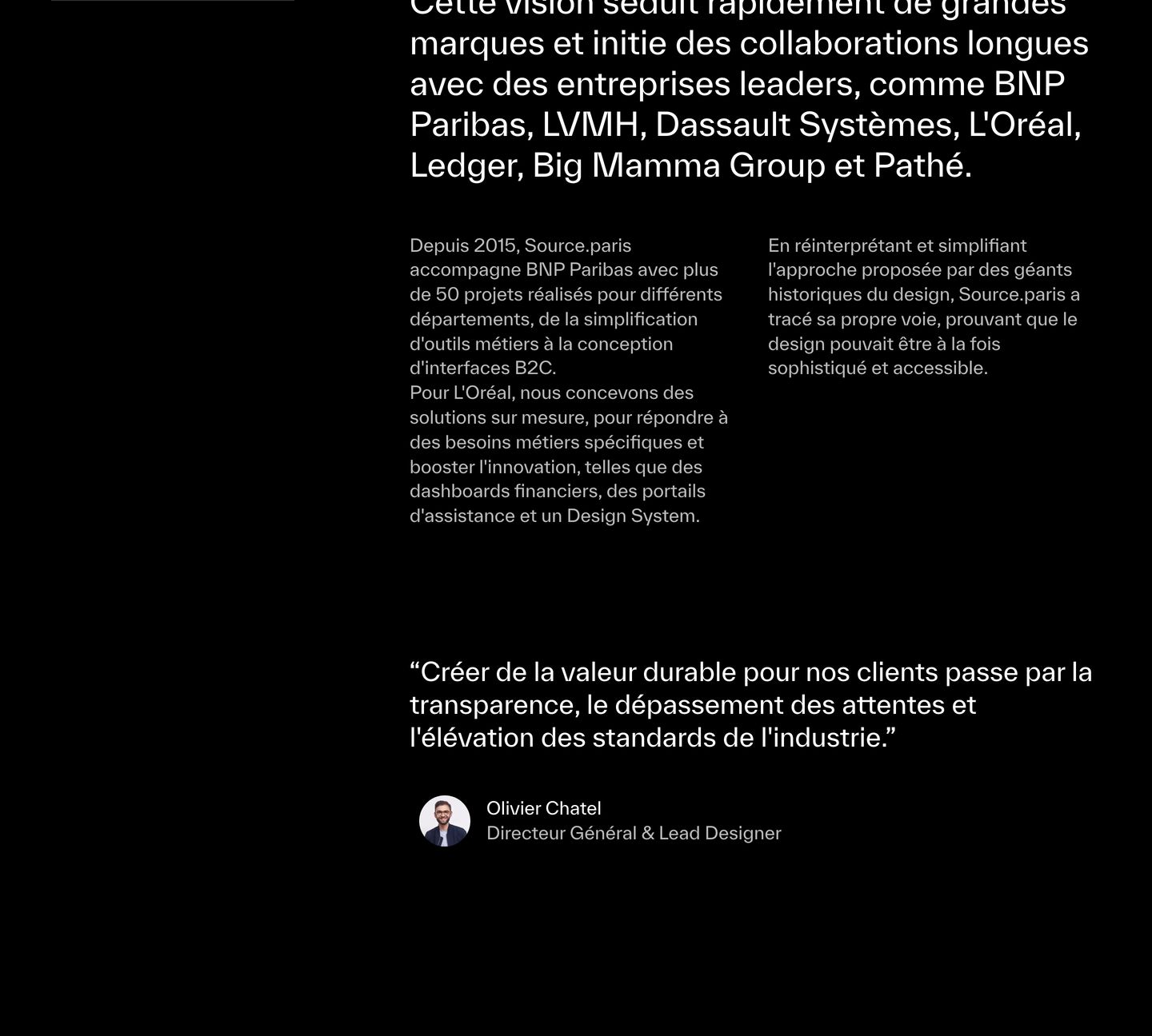 Austere dark editorial statement combining crisp sans-serif copy, two-column supporting text, and an authoritative pull-quote.