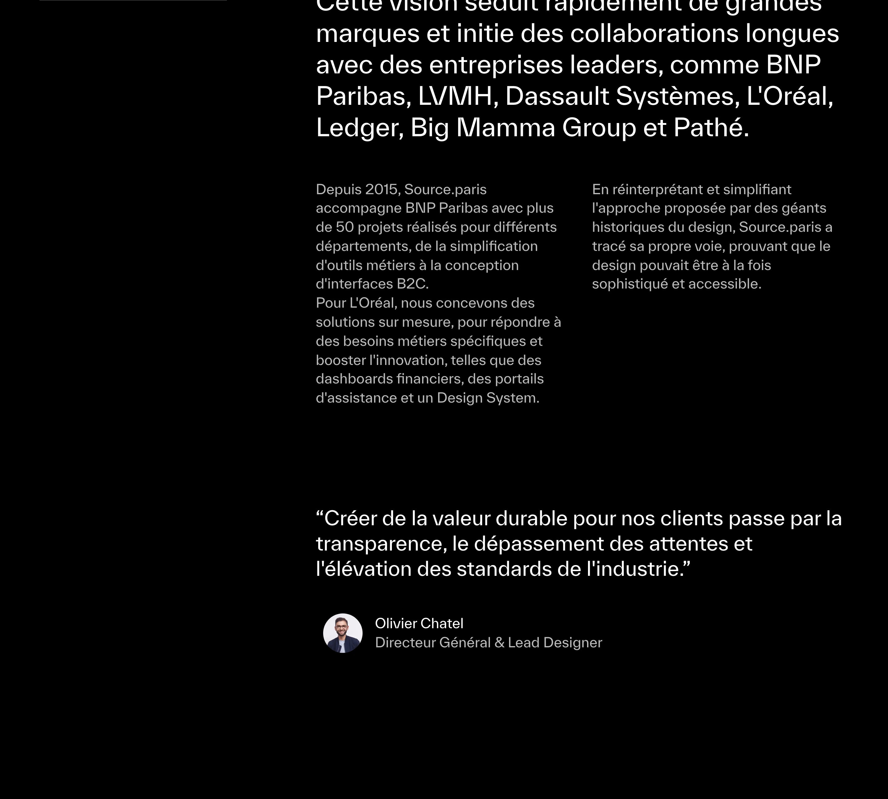Austere dark editorial statement combining crisp sans-serif copy, two-column supporting text, and an authoritative pull-quote.