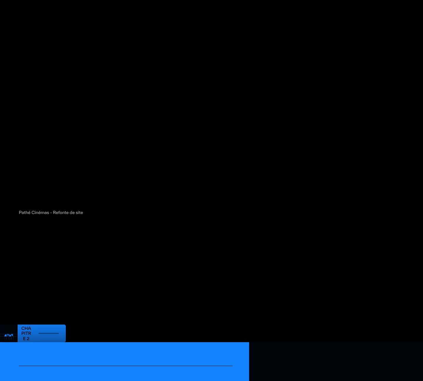 Deep black, ultra-minimal transitional space punctured only by a tiny project caption and an electric blue chapter card at the edge.