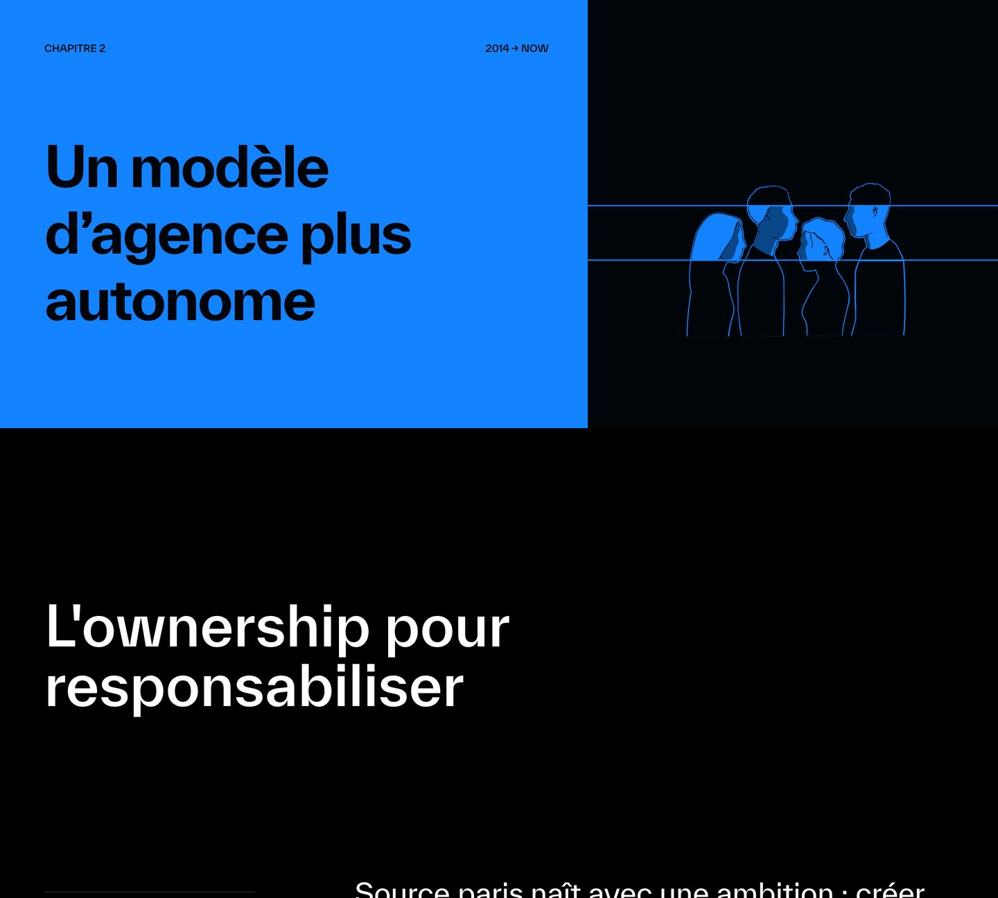 Electric blue and pitch black color-blocking anchors a precise, architectonic editorial chapter intro with crisp blueprint-style line illustration.
