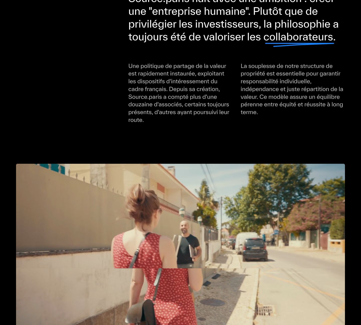 A stark editorial layout pairing bold typographic manifestos on black with two-column narrative copy and a candid cinematic photograph below.