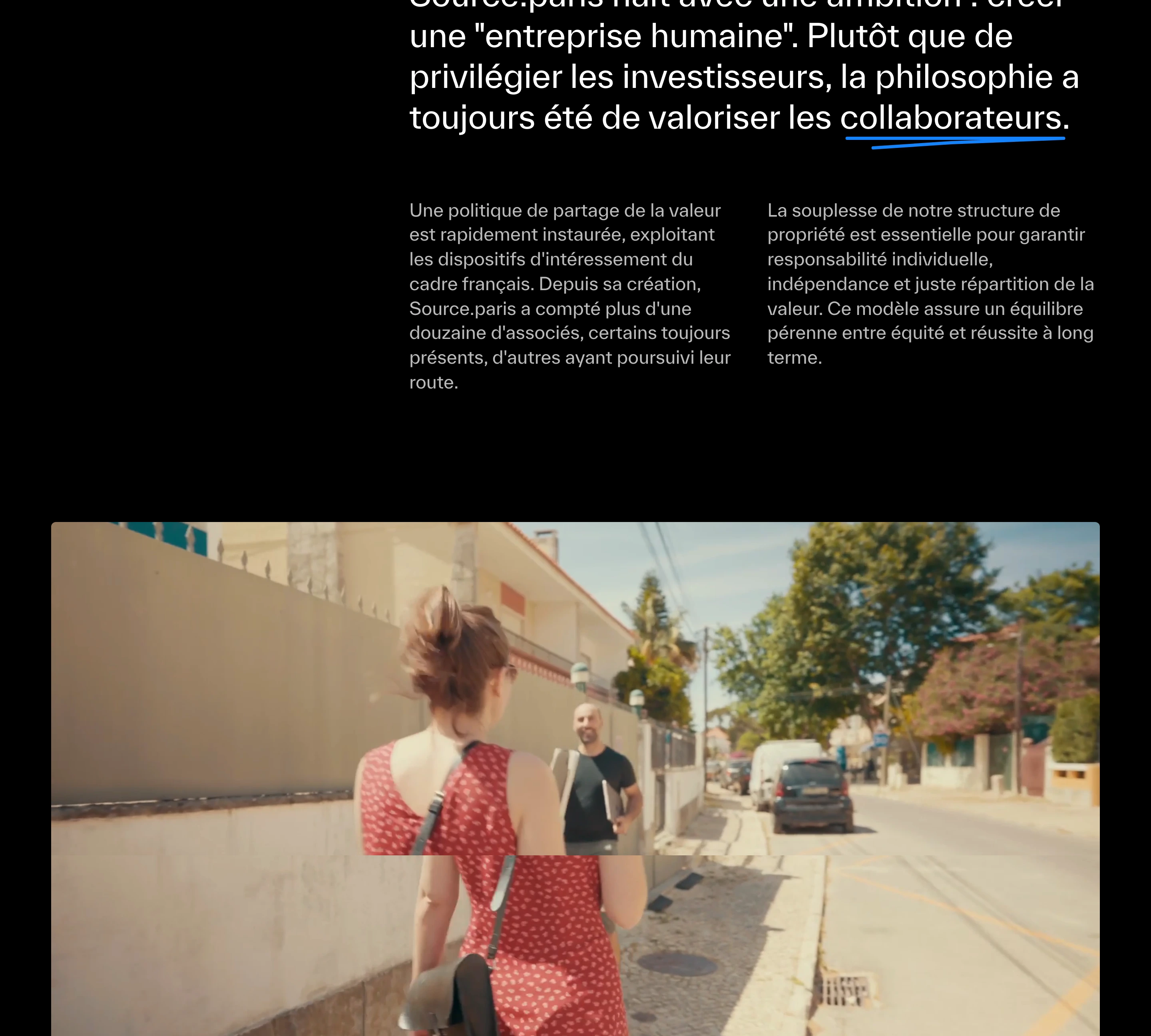 A stark editorial layout pairing bold typographic manifestos on black with two-column narrative copy and a candid cinematic photograph below.