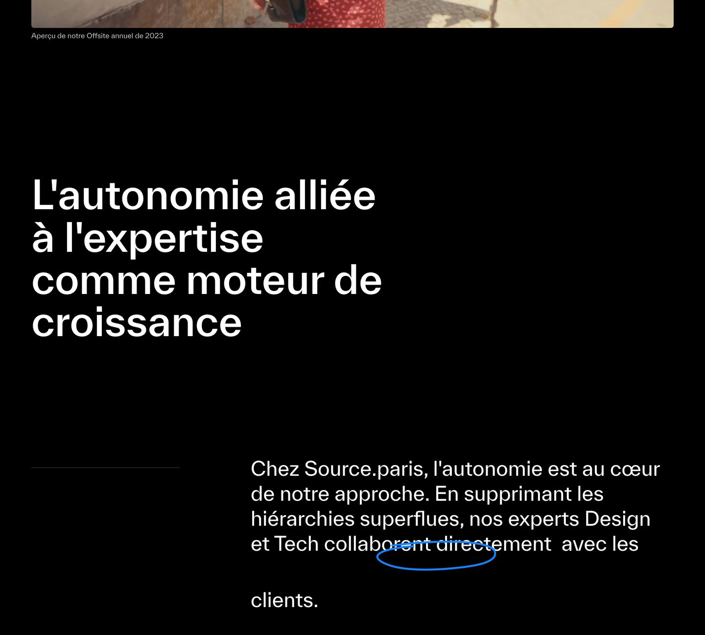 Minimalist dark statement layout with bold typography, asymmetric paragraph placement, and a subtle hand-drawn blue annotation.