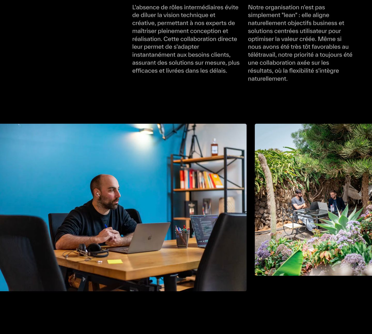 Quiet editorial culture section pairing two columns of subtle narrative text with documentary-style workspace photography on pure black.