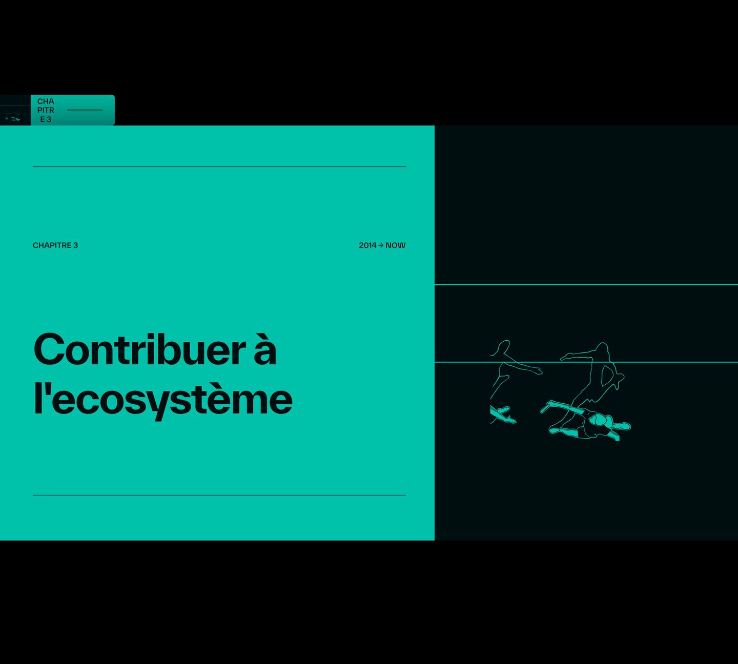 A vivid cyan chapter divider contrasts sharp editorial typography against minimalist line illustrations on deep black.