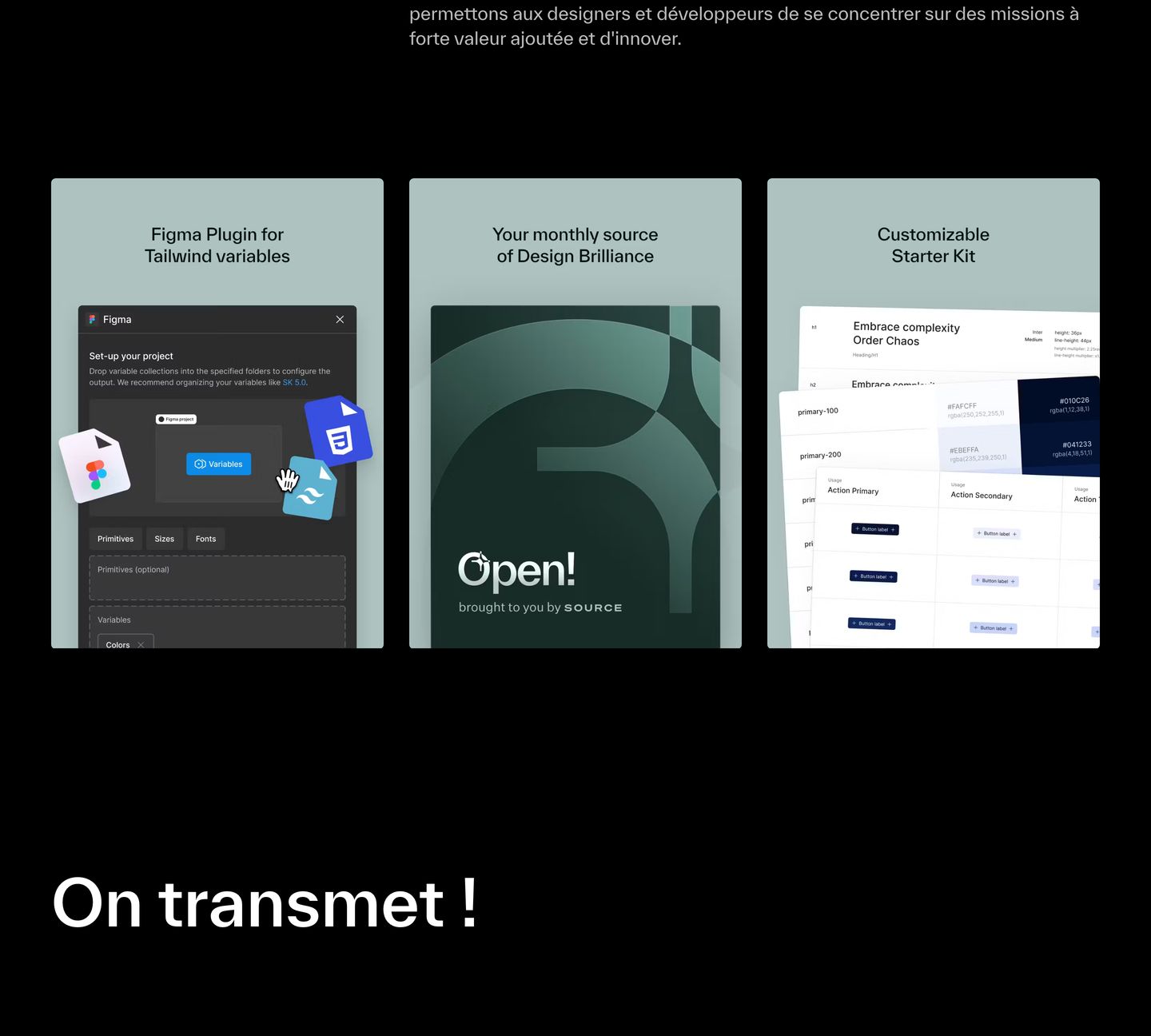 Three rounded sage cards showcase digital design tools and resources in a restrained, pitch-black gallery layout.