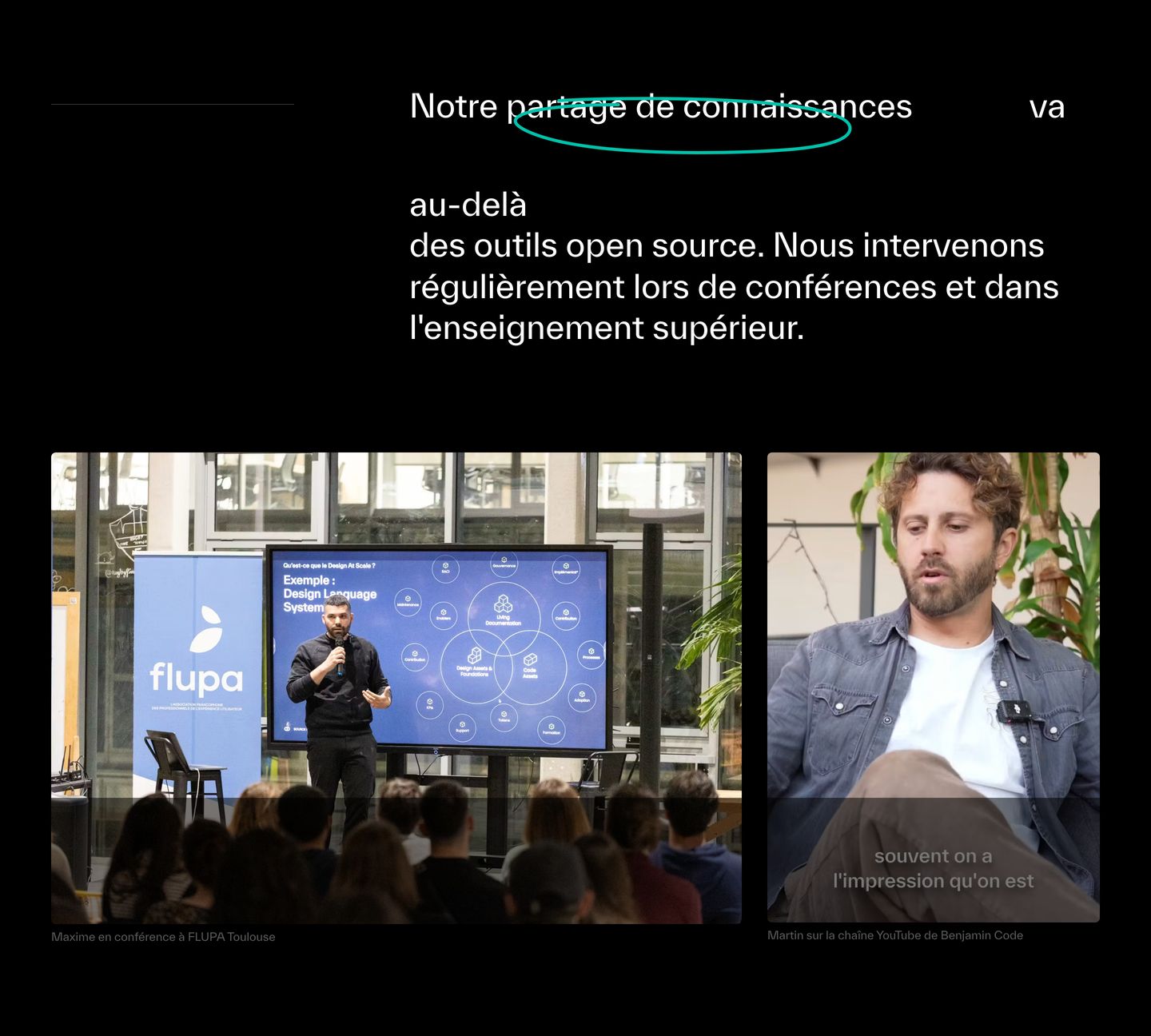Minimal dark studio section pairing an accented editorial headline with side-by-side photography of public speaking and conferences.