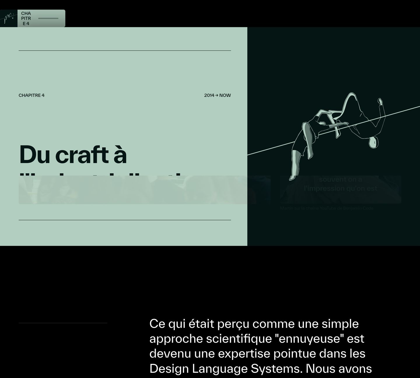 A calm, split-tone editorial chapter opener pairing muted sage green and black with a stark vector illustration of a high jumper.