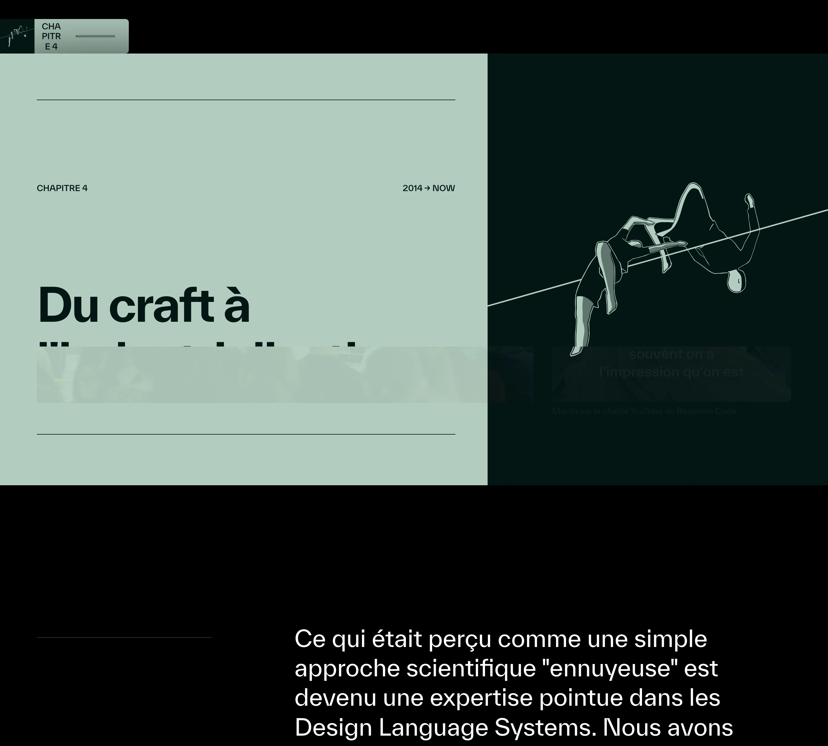 A calm, split-tone editorial chapter opener pairing muted sage green and black with a stark vector illustration of a high jumper.