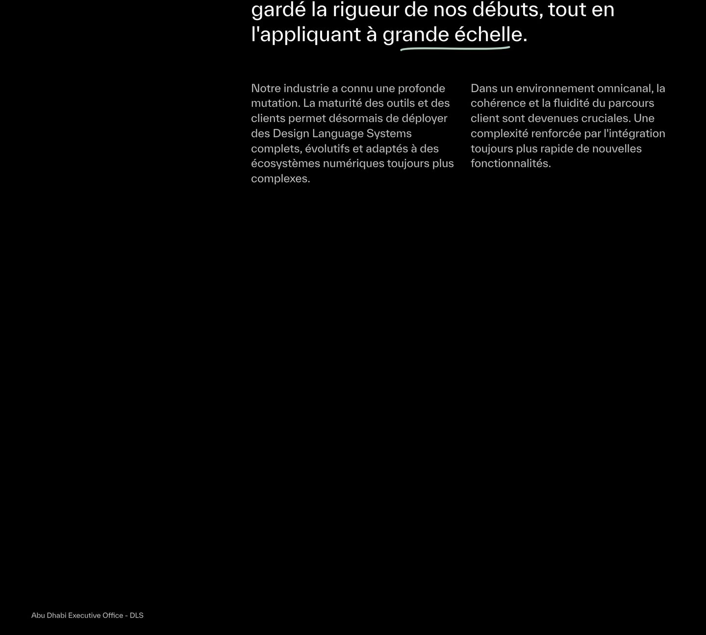 Austere, pitch-black editorial statement giving expansive breathing room to crisp Swiss typography and paired reading columns.