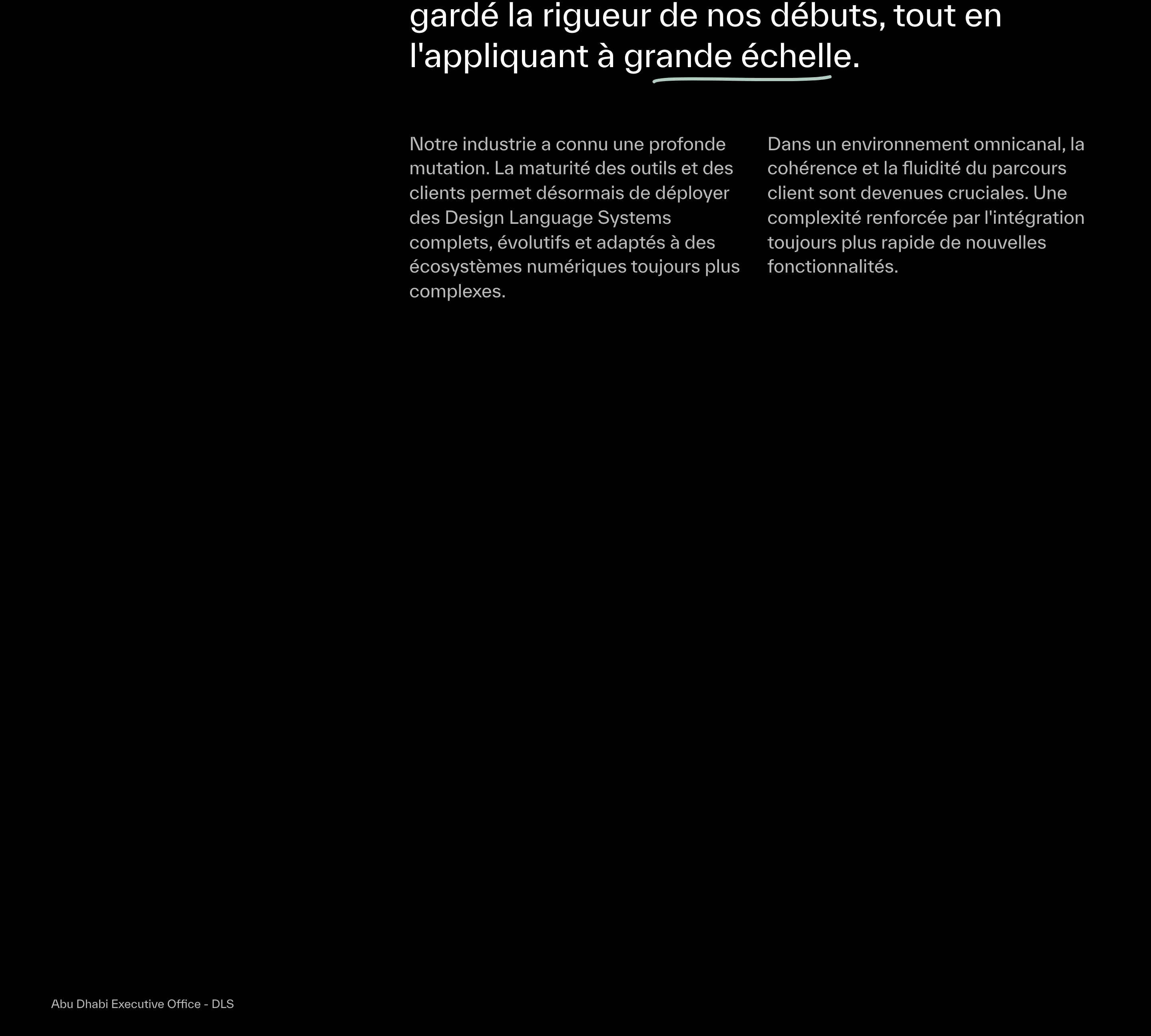 Austere, pitch-black editorial statement giving expansive breathing room to crisp Swiss typography and paired reading columns.