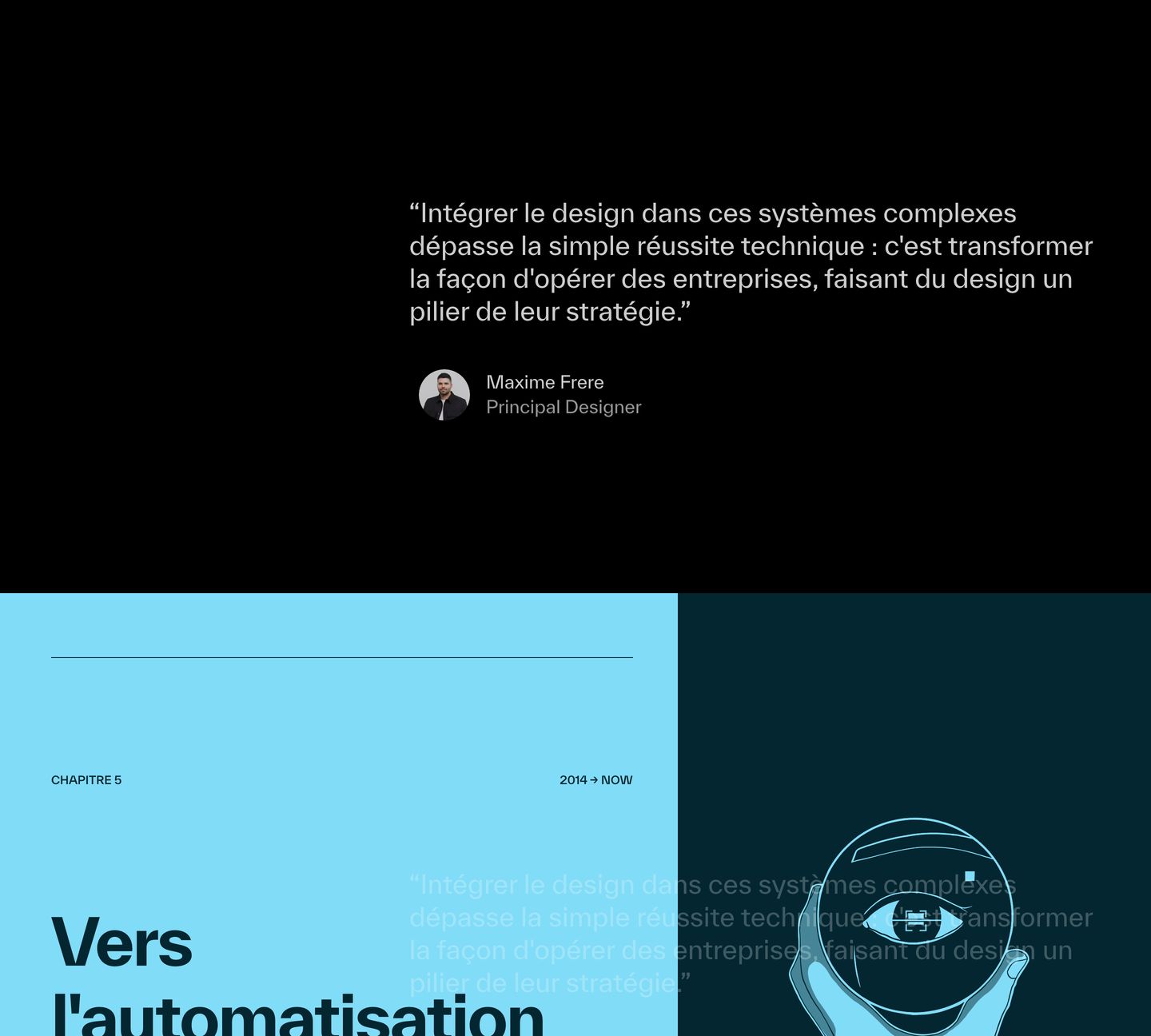 An editorial pull-quote transitioning sharply into a bright cyan chapter division with minimalist line illustration.