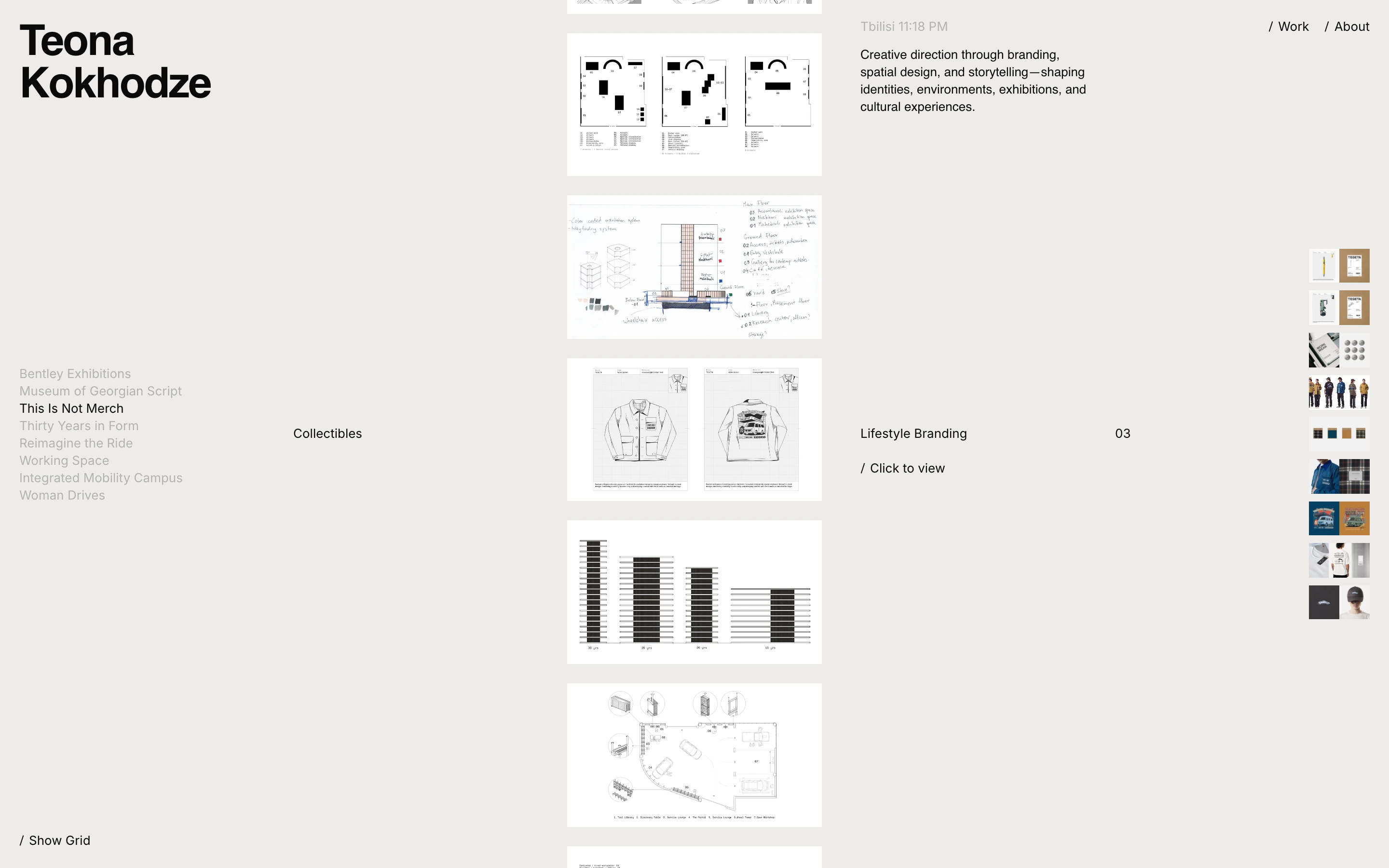 An airy, Swiss-style portfolio hero with a central column of design sketches surrounded by restrained typography and expansive negative space.