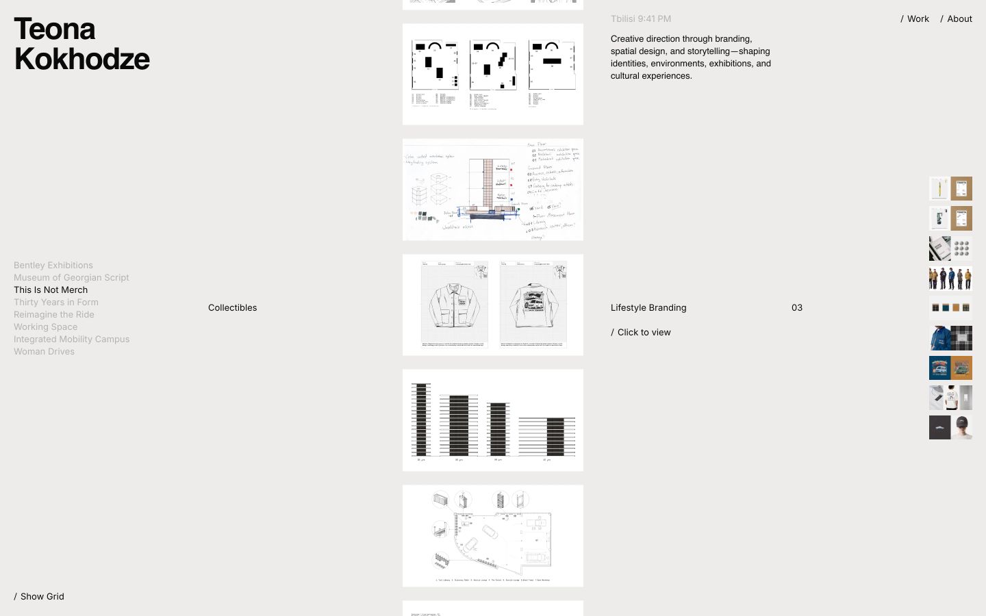 An airy, Swiss-inspired archival portfolio grid that balances technical sketches, typographic project indexes, and generous neutral space.