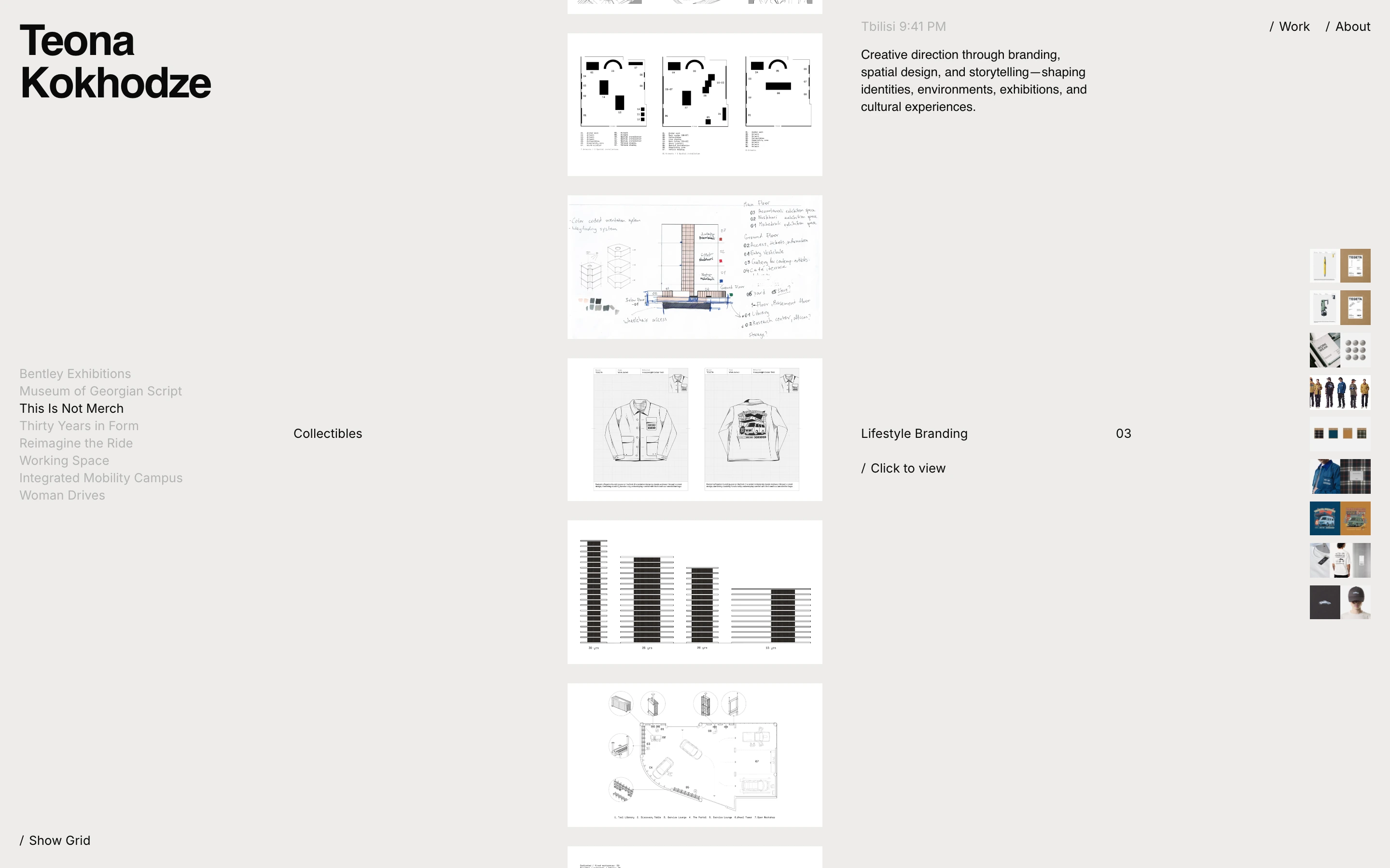 An airy, Swiss-inspired archival portfolio grid that balances technical sketches, typographic project indexes, and generous neutral space.
