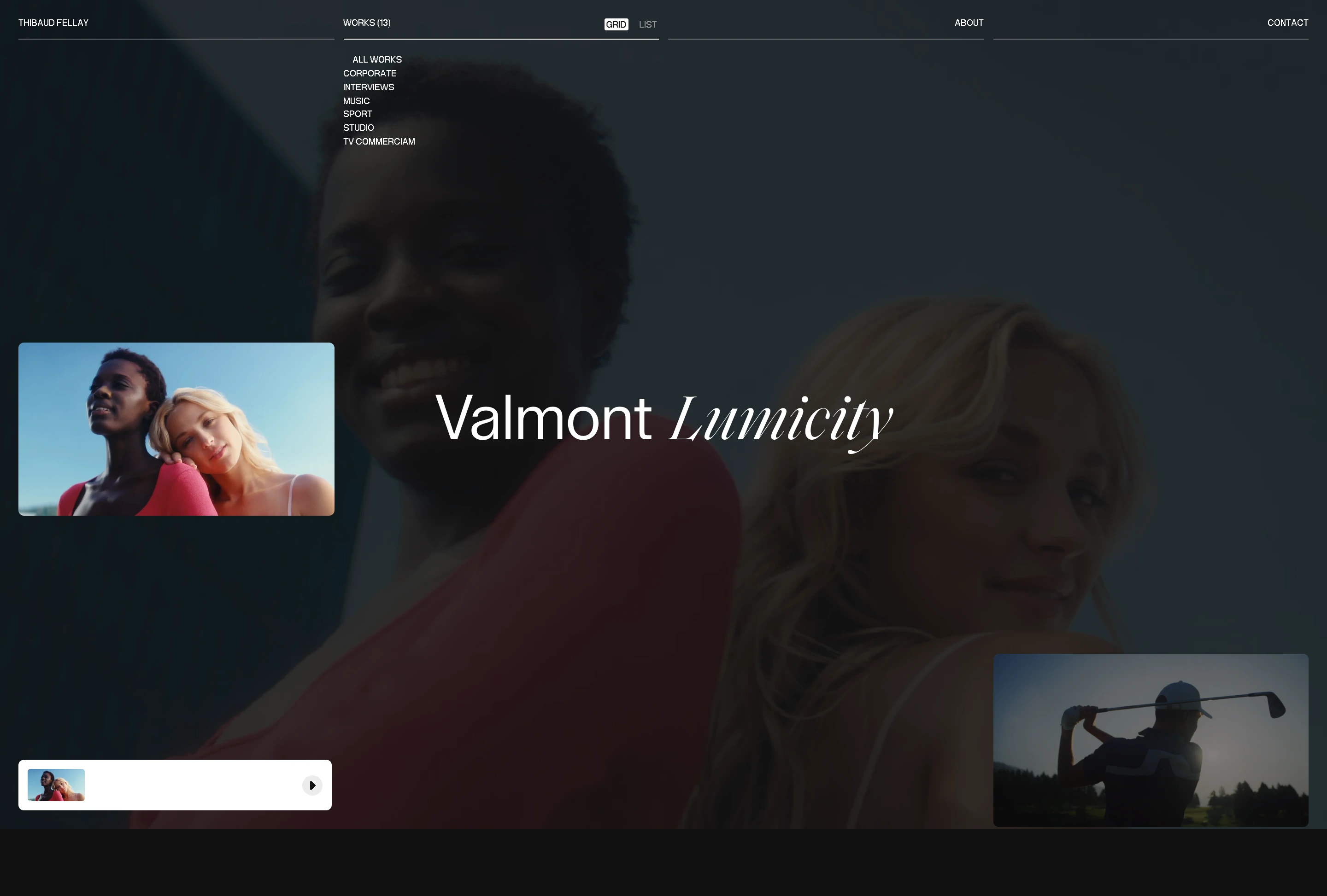 An atmospheric, cinematic portfolio hero with floating film stills and elegant typographic pairing set against a darkened backdrop.