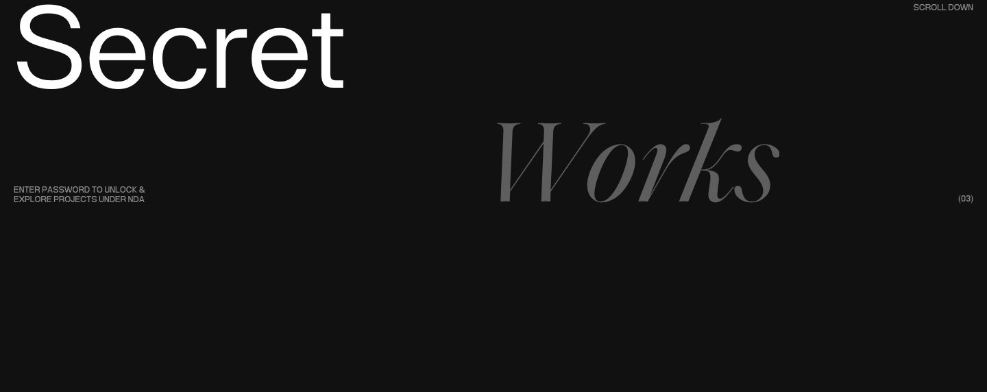 Stark, spacious typographic statement pairing a bold modern sans with a faint italic serif to evoke mystery.