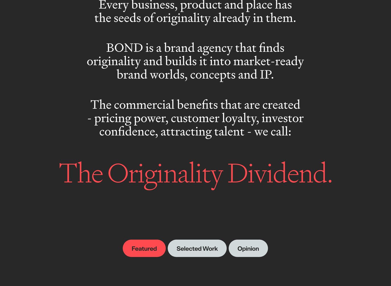 Solemn, centered editorial text builds up to a luminous crimson serif statement anchored by navigation pills on dark charcoal.