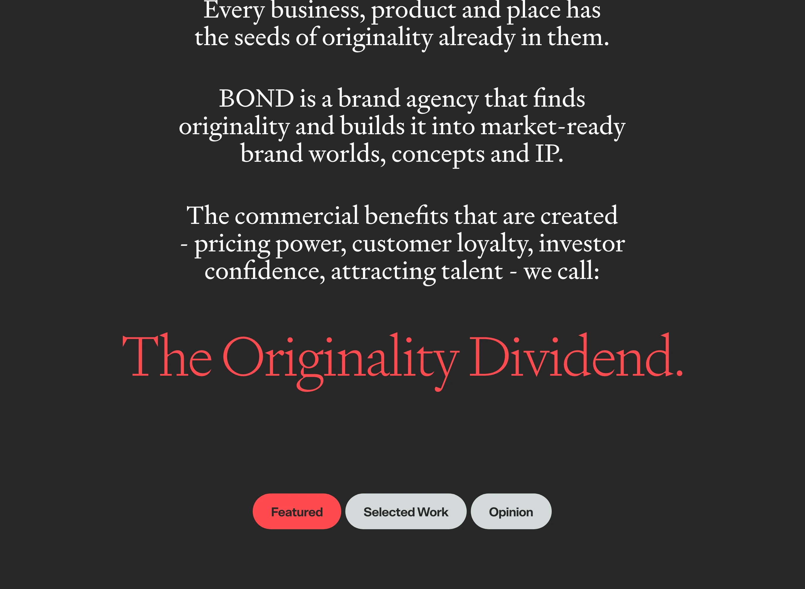 Solemn, centered editorial text builds up to a luminous crimson serif statement anchored by navigation pills on dark charcoal.