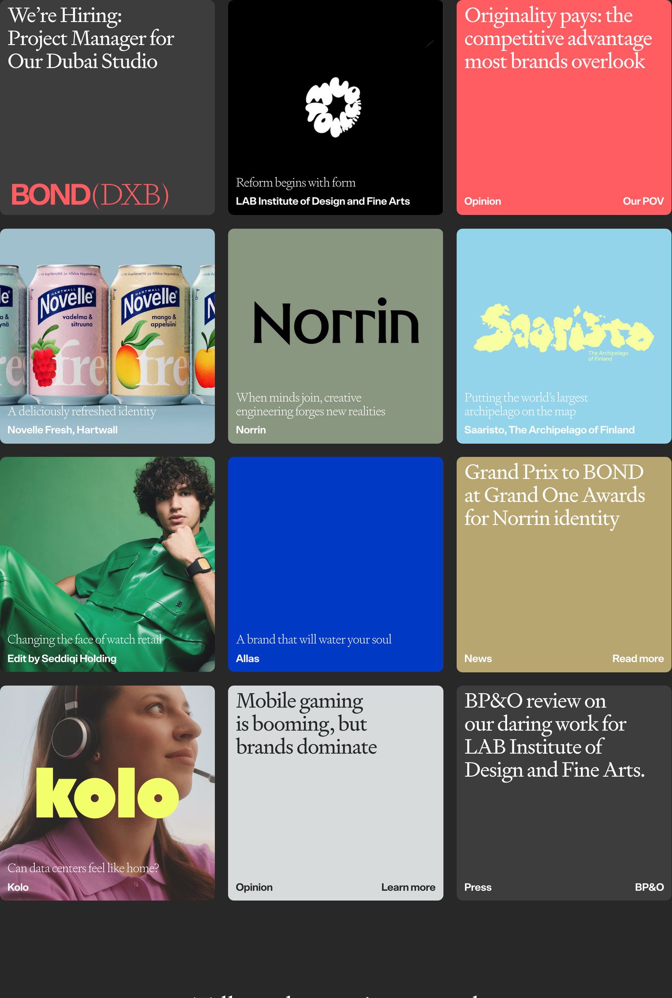 A vibrant, modular studio grid alternating rich color blocks, crisp typography, and case study imagery in an editorial index.