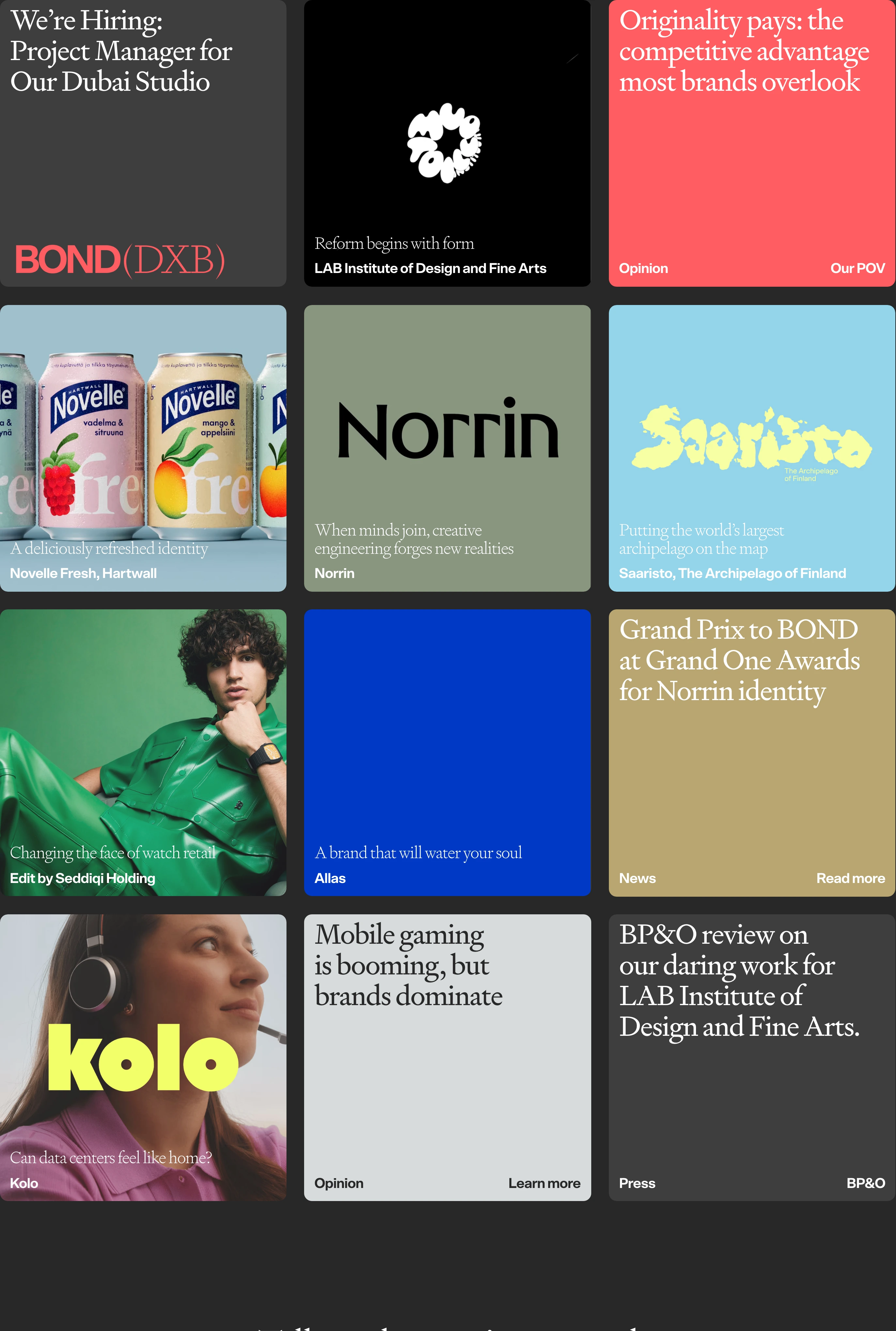 A vibrant, modular studio grid alternating rich color blocks, crisp typography, and case study imagery in an editorial index.