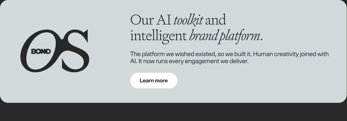 A refined, cool-grey feature card presenting an internal AI platform with graceful editorial typography and a distinct graphic monogram.