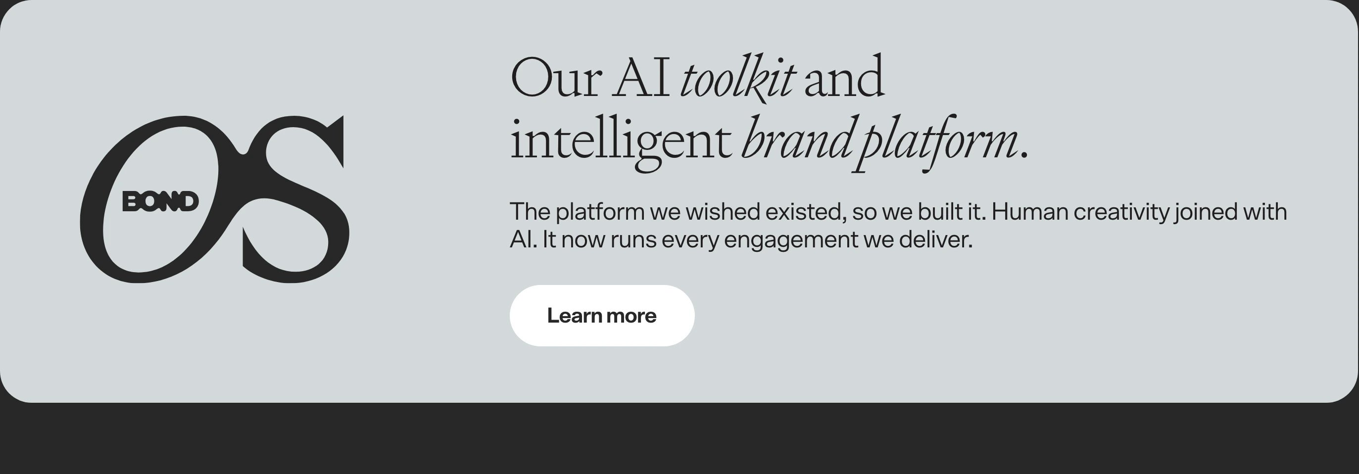 A refined, cool-grey feature card presenting an internal AI platform with graceful editorial typography and a distinct graphic monogram.