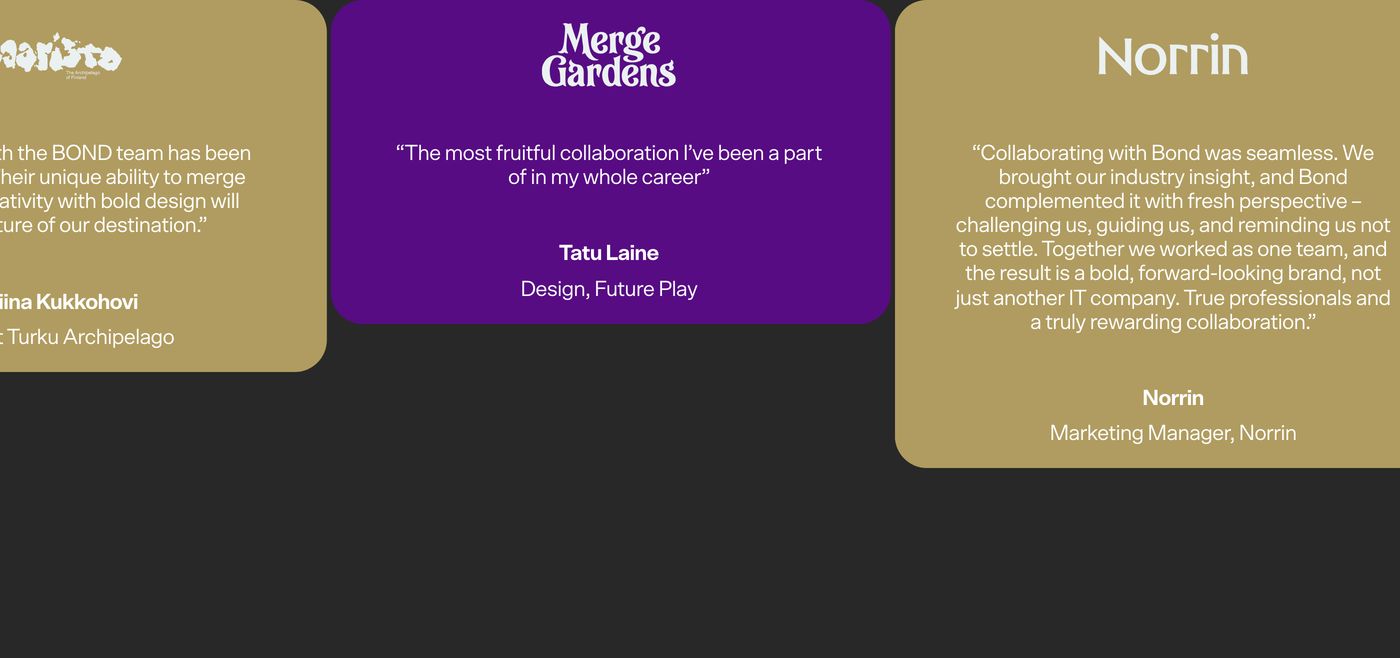 Saturated, rounded client testimonial cards glide horizontally across a deep matte charcoal backdrop.