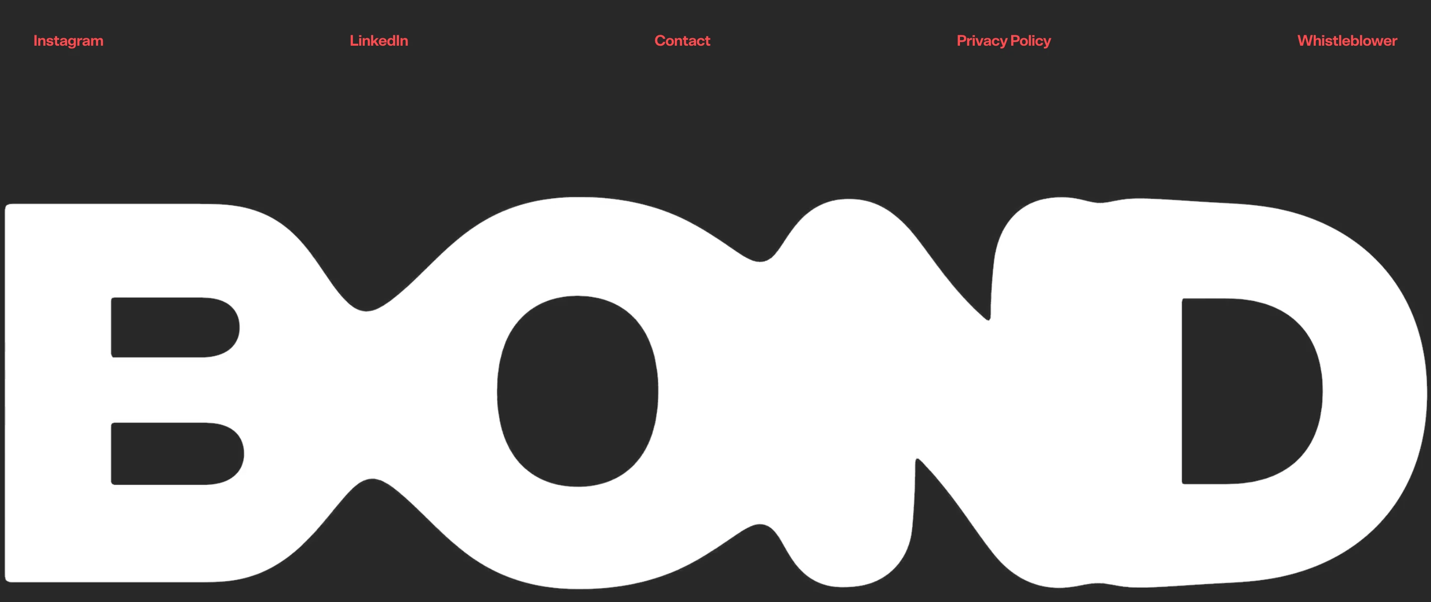 Minimal dark footer anchored by a massive, organic logotype beneath a clean row of spaced coral links.