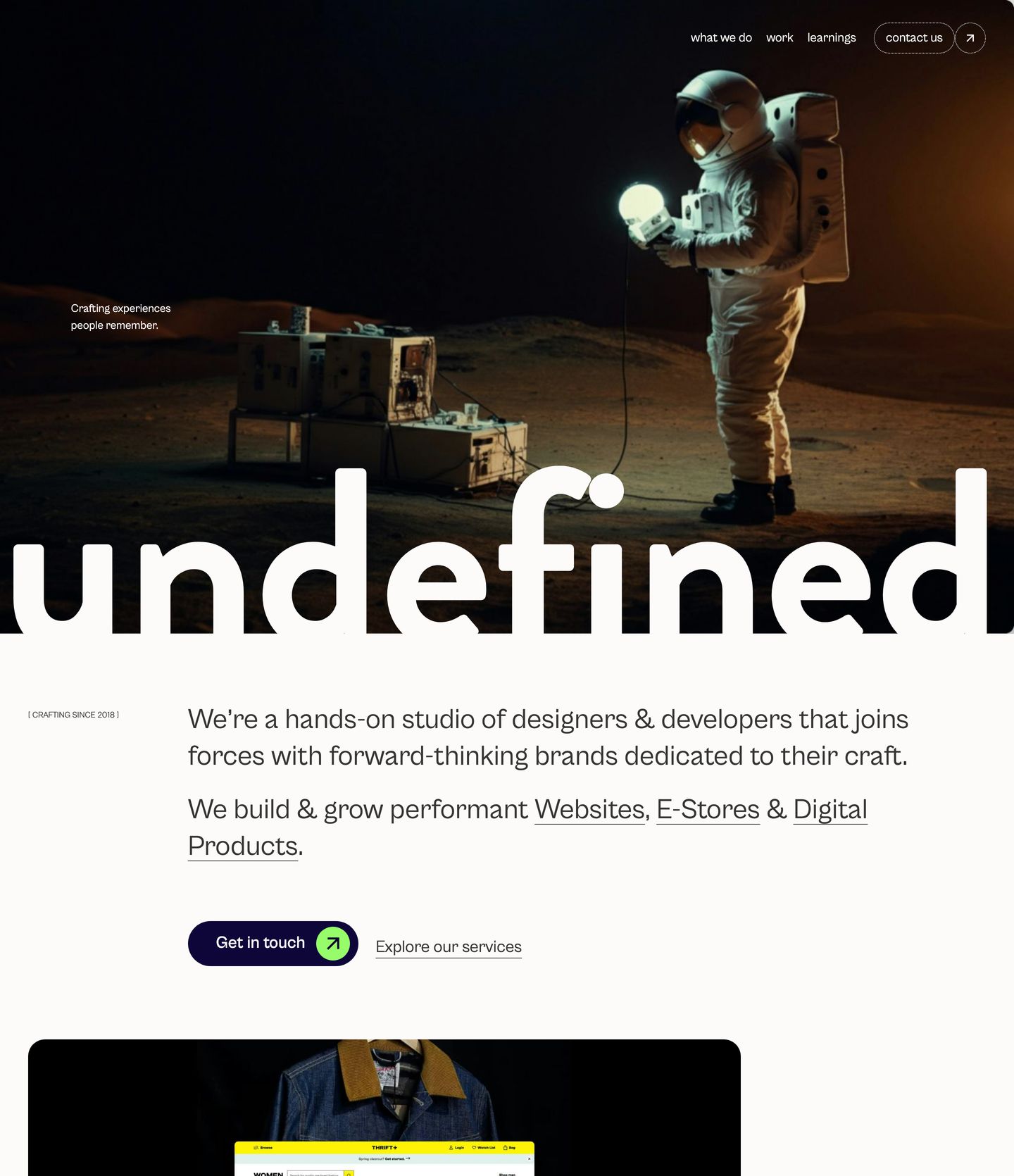 Cinematic lunar imagery meets massive cutout typography that seamlessly transitions from a moody dark header into an airy editorial studio introduction.