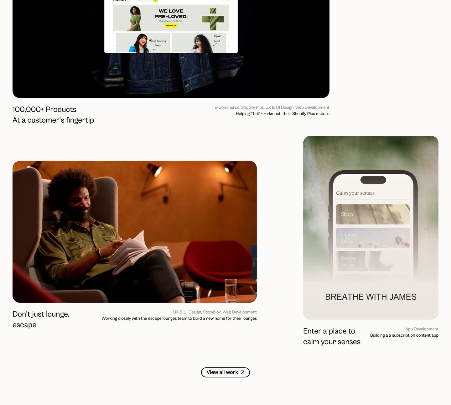 Quiet, airy agency portfolio showcase with warm off-white tones, rounded media cards, and restrained grotesk captions.