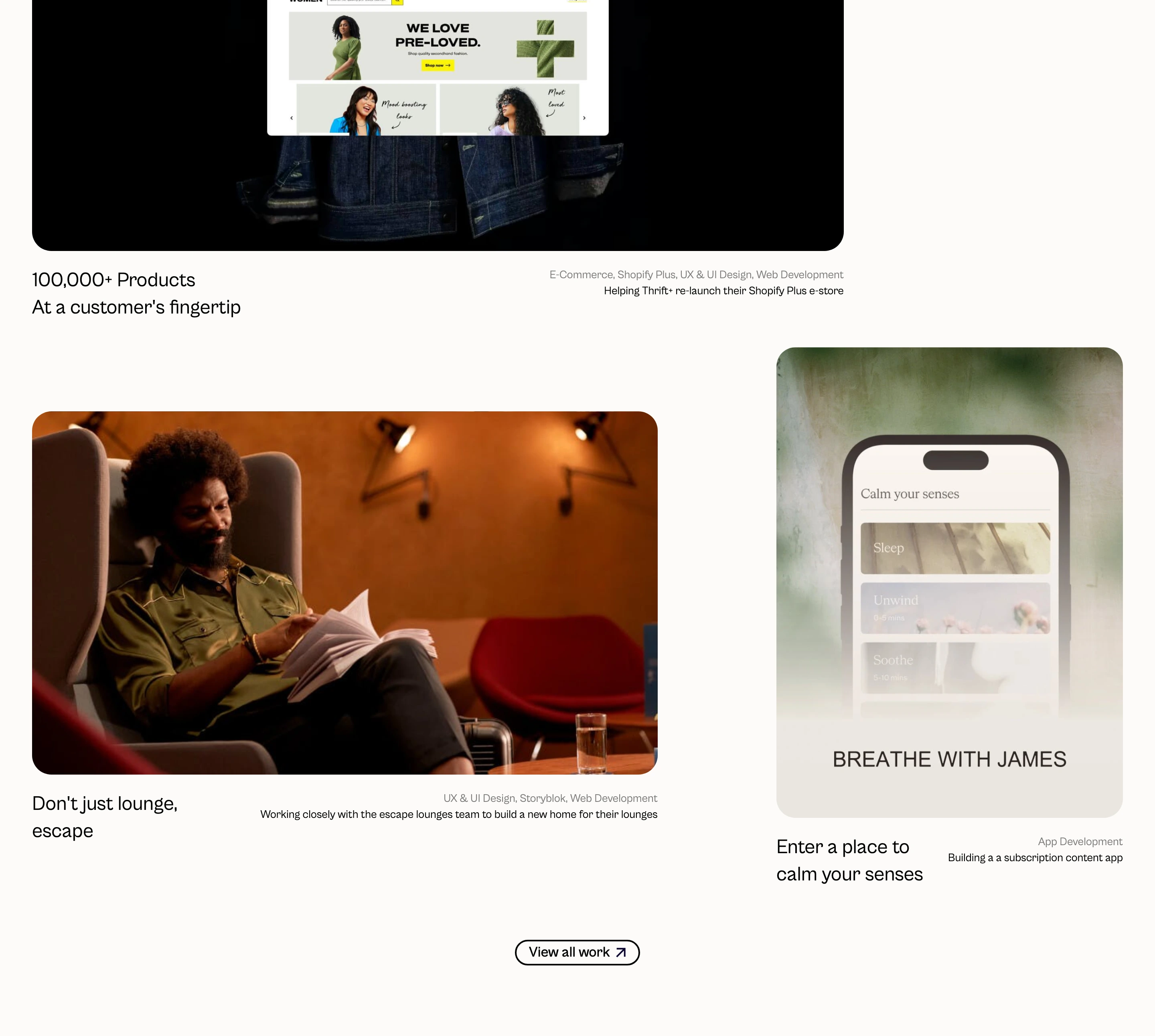 Quiet, airy agency portfolio showcase with warm off-white tones, rounded media cards, and restrained grotesk captions.