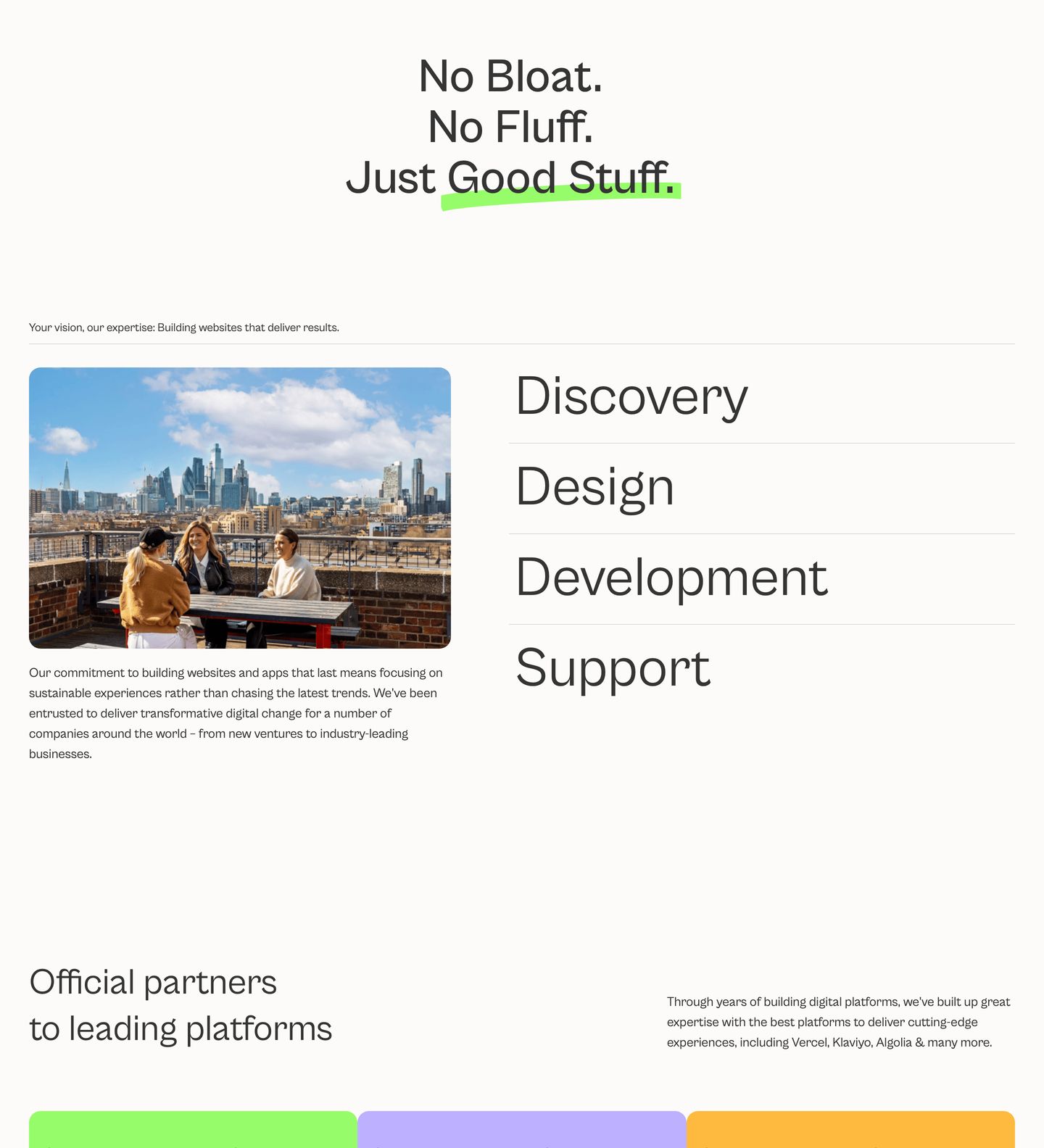 Airy editorial service breakdown pairing crisp typographic statements with clean process rows and candid team photography.
