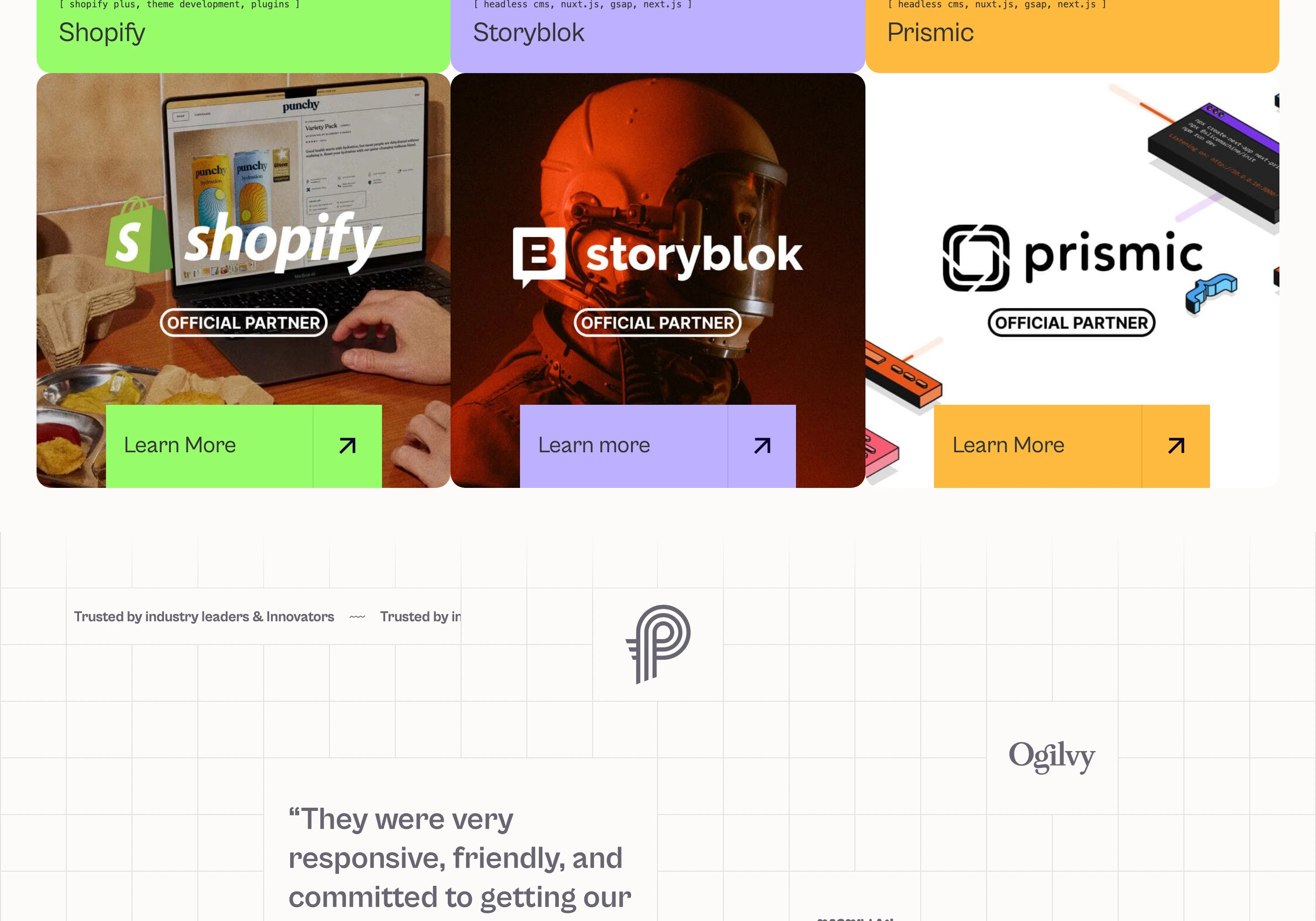 Vibrant partnership cards with saturated pastel headers sit above an architectural grid background transitioning into social proof.