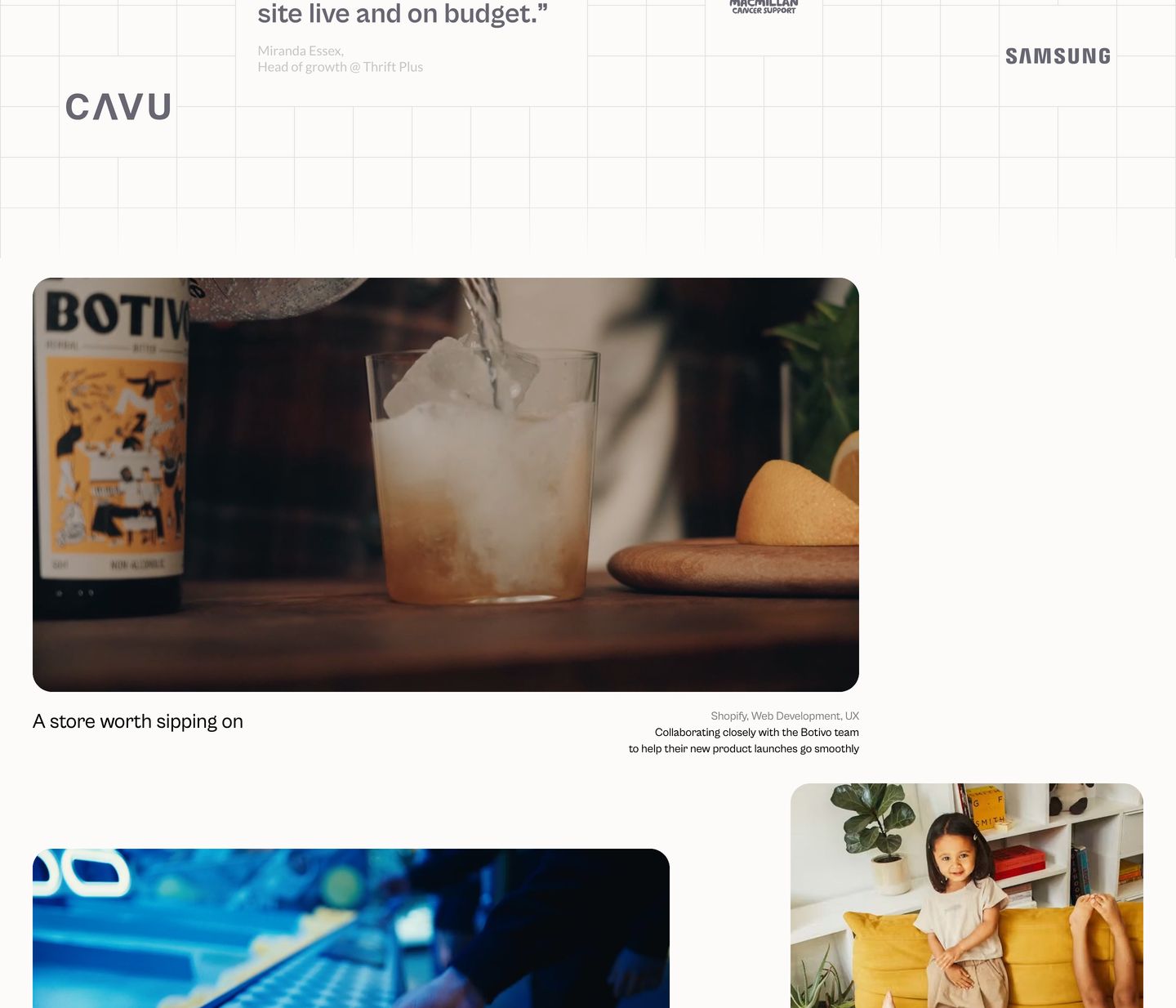 Spacious, editorial studio showcase with rounded photography and video cards laid out against a subtle off-white background.