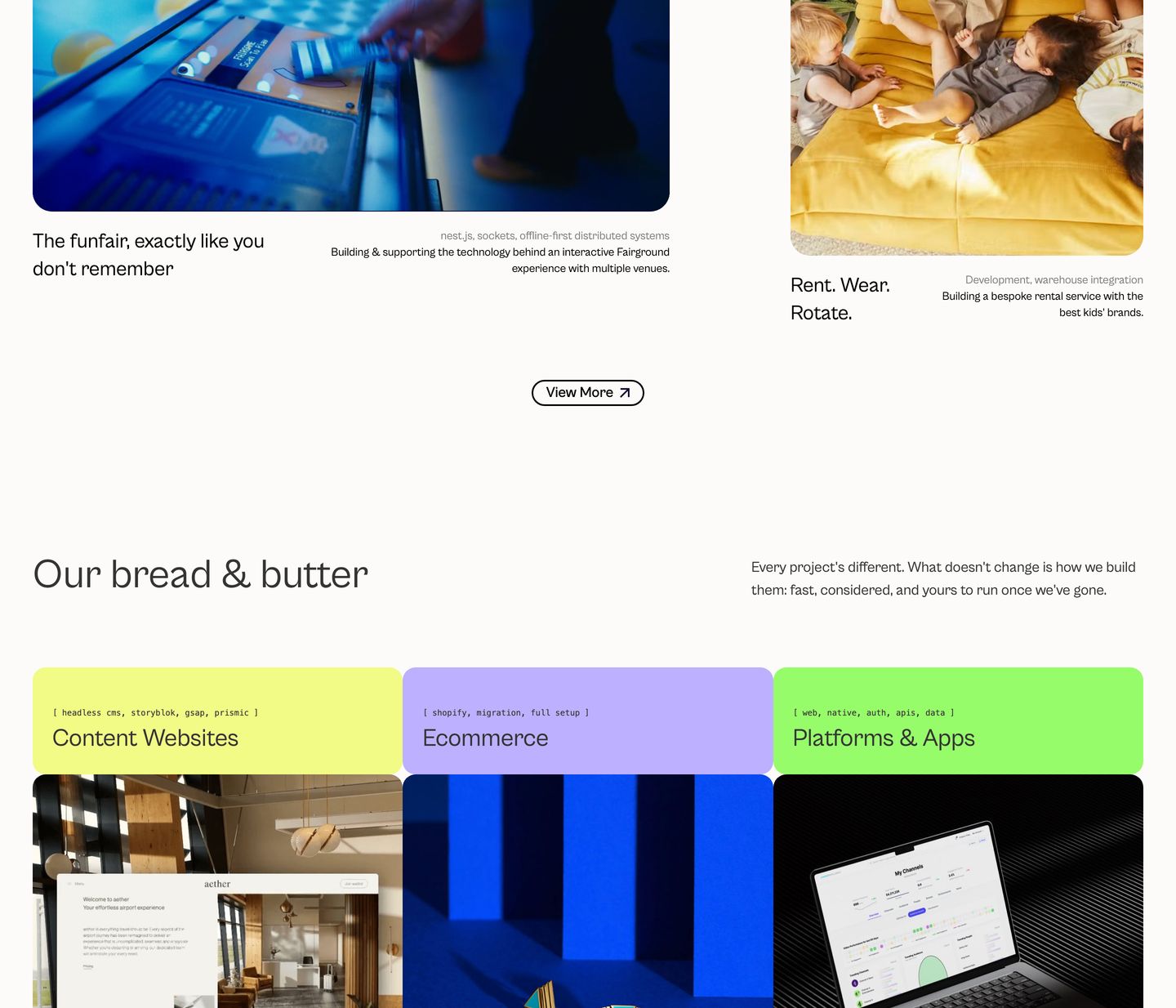 Clean and contemporary agency capabilities grid combining vibrant pastel category headers with dark portfolio media cards.