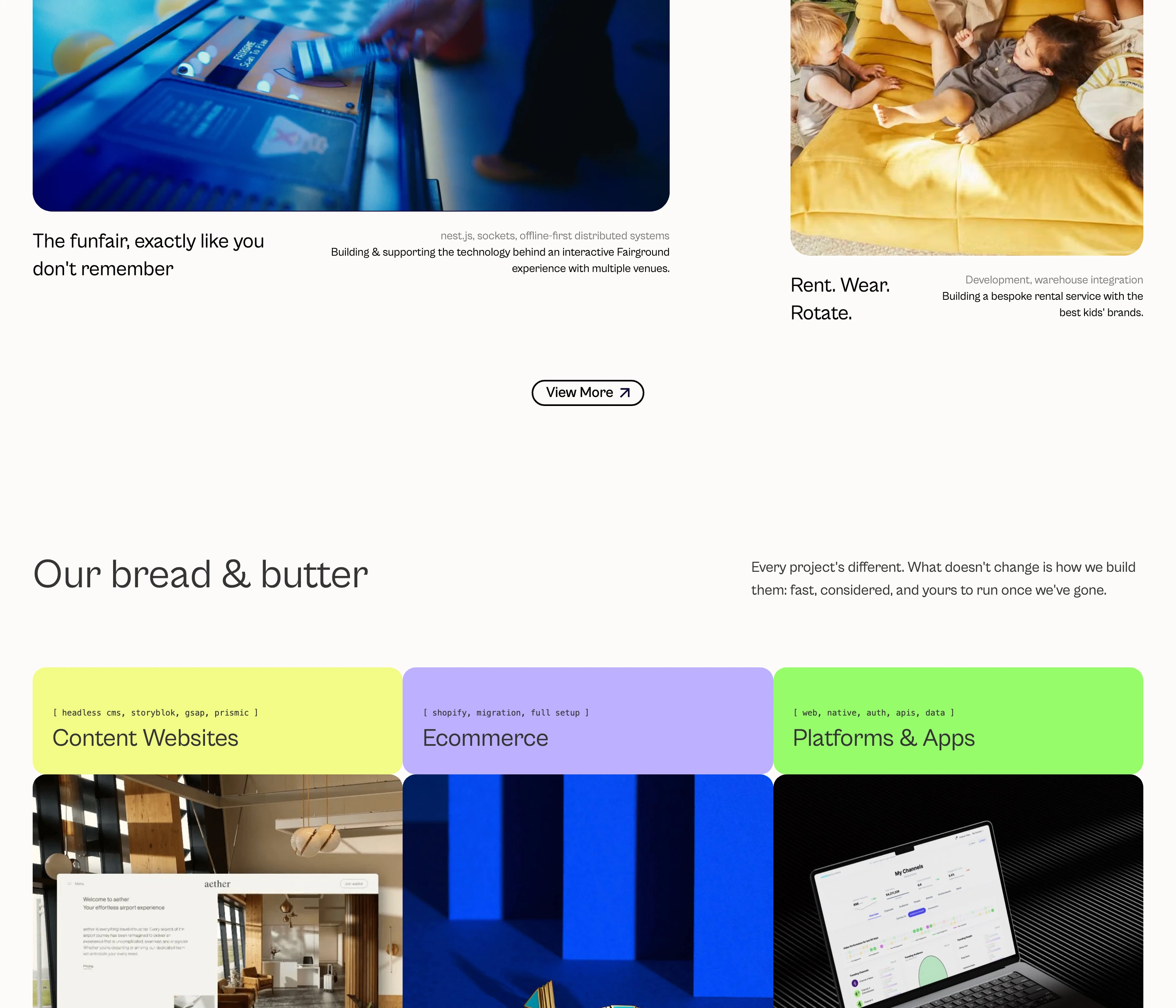 Clean and contemporary agency capabilities grid combining vibrant pastel category headers with dark portfolio media cards.