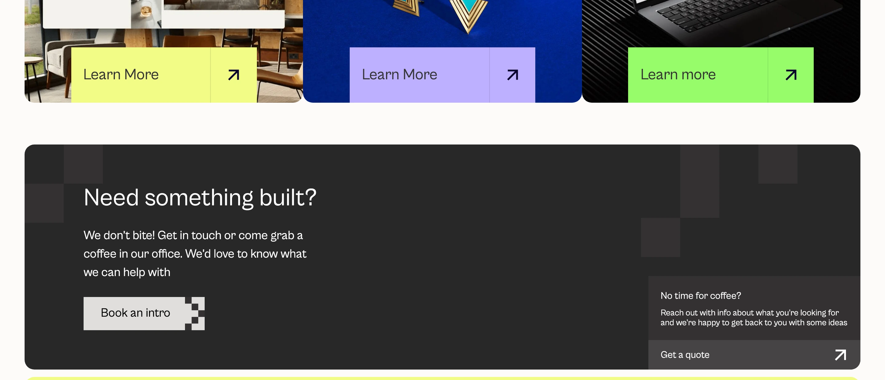 Understated dark call-to-action banner pairing conversational copy with pixelated edge accents and a dual-tier engagement path.