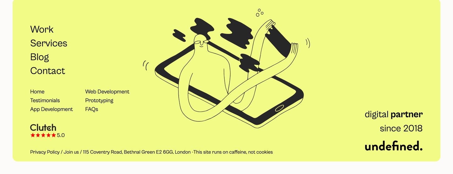 A quirky and vibrant agency footer anchored by an expressive line illustration on a cheerful rounded card.