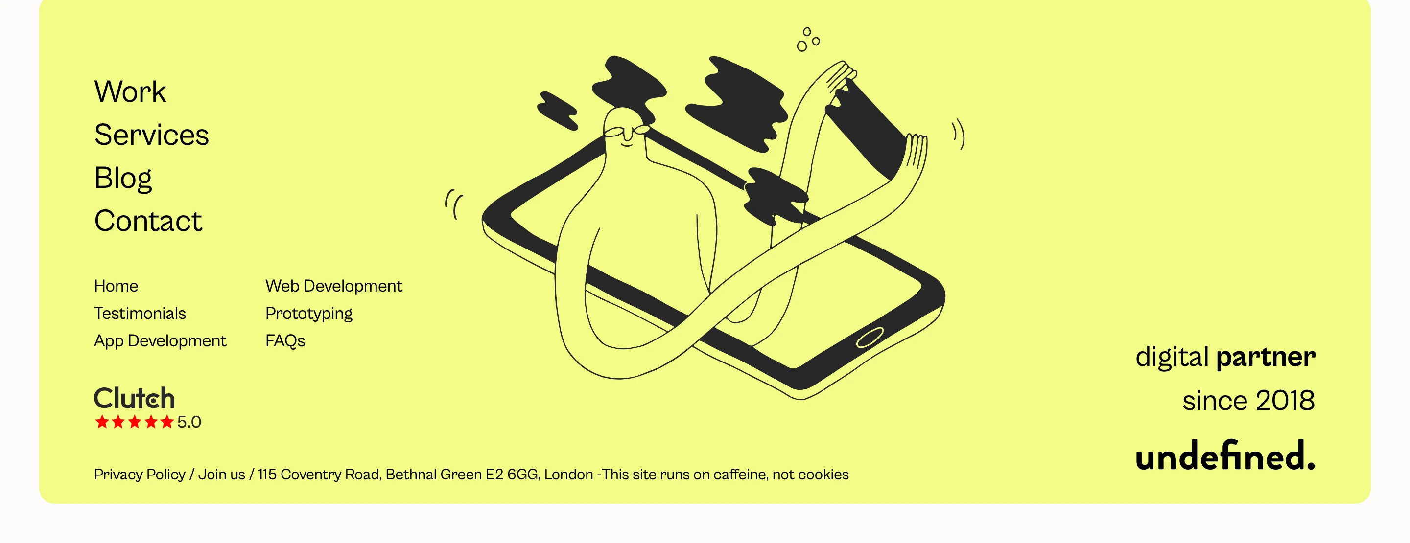 A quirky and vibrant agency footer anchored by an expressive line illustration on a cheerful rounded card.