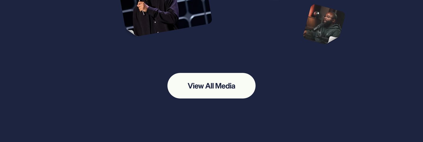A spacious dark navy transition featuring floating peeled sticker cards and a centered pill button invite.