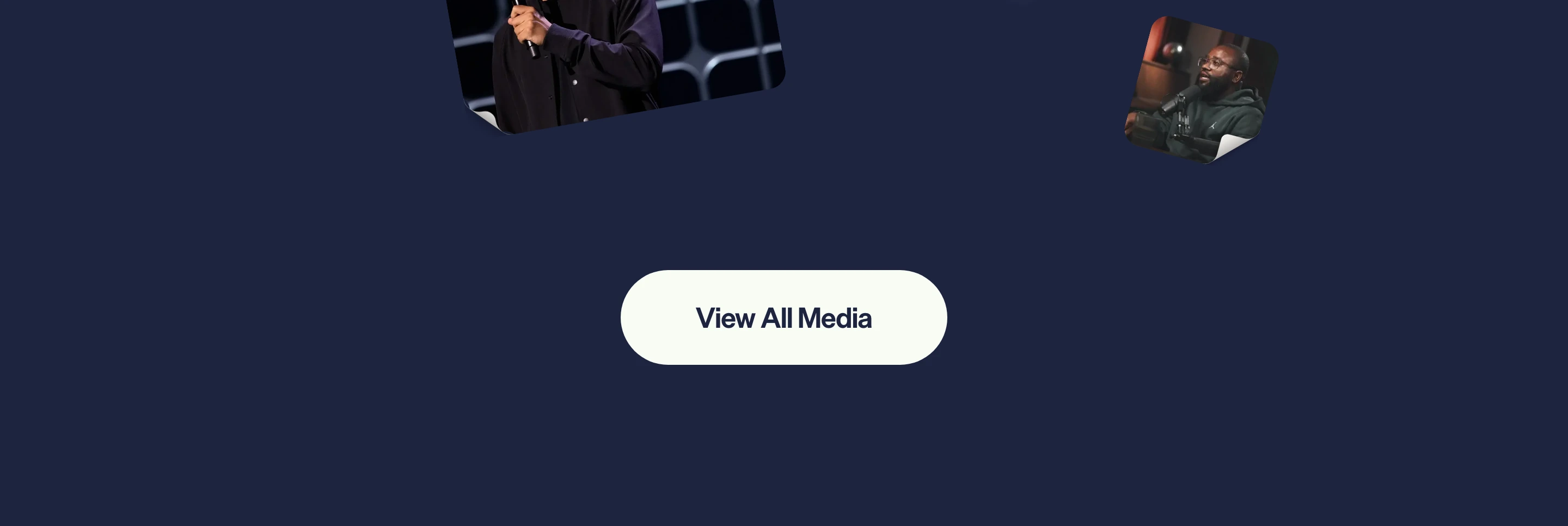 A spacious dark navy transition featuring floating peeled sticker cards and a centered pill button invite.