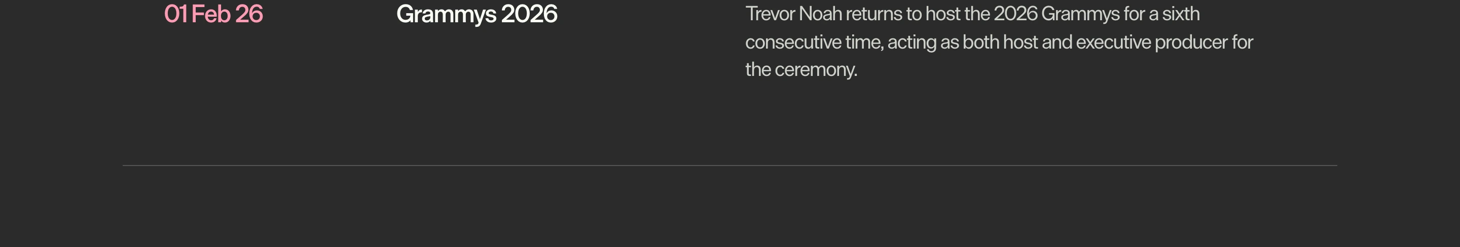 A crisp, dark-mode tabular news row with understated Swiss typography and a subtle pink timestamp.