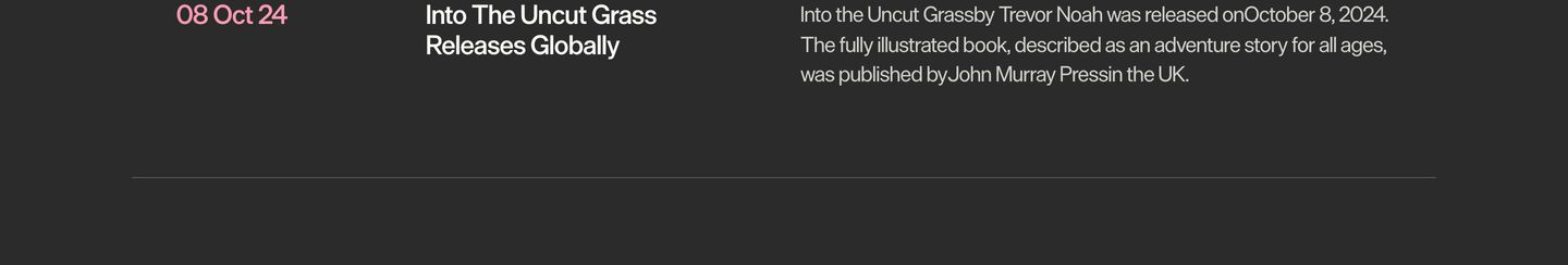 A stark, dark news listing row cleanly structured across typographic columns with a soft pink date accent.