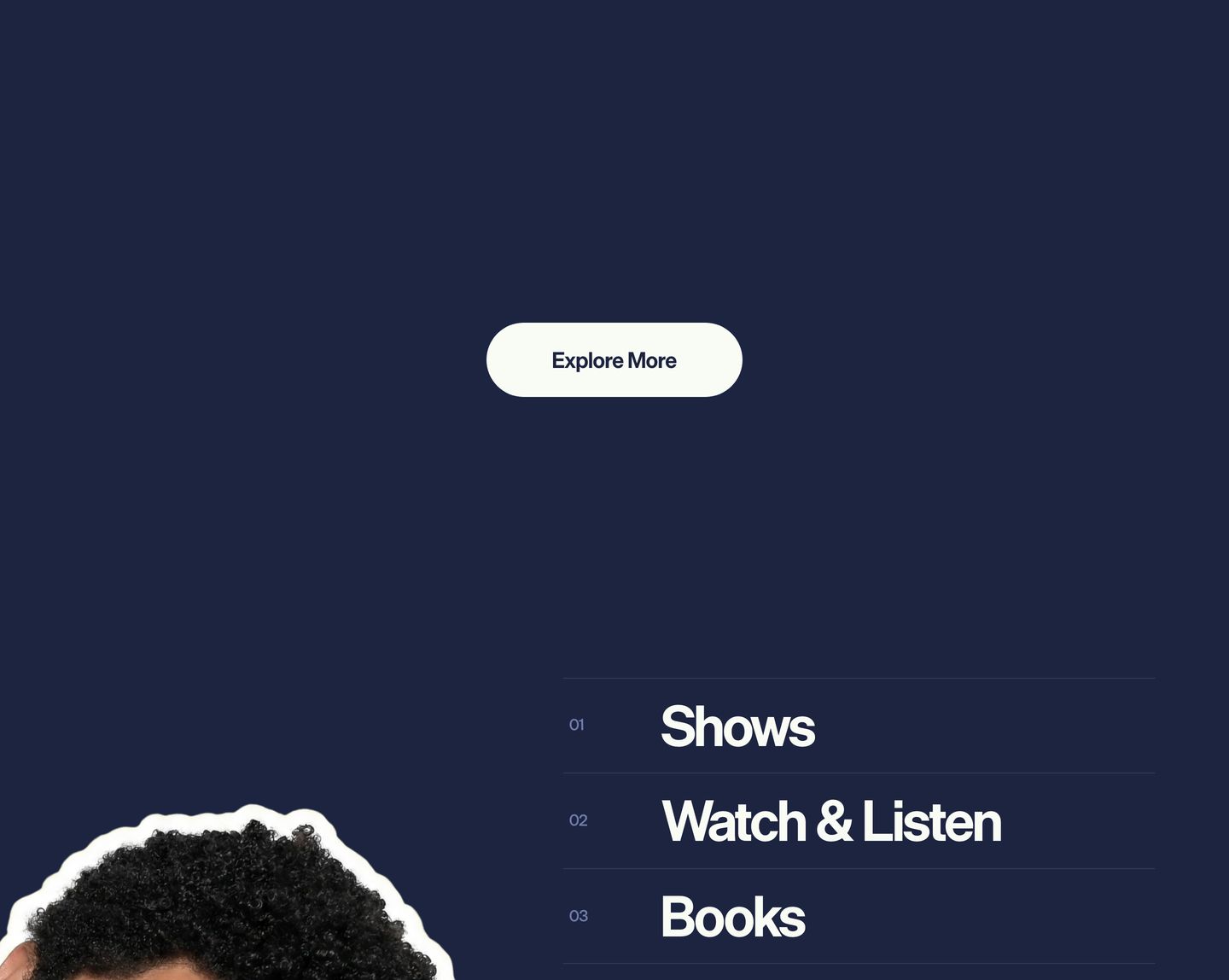Deep navy index section pairing a clean numbered list and pill button with an offset sticker cutout portrait.