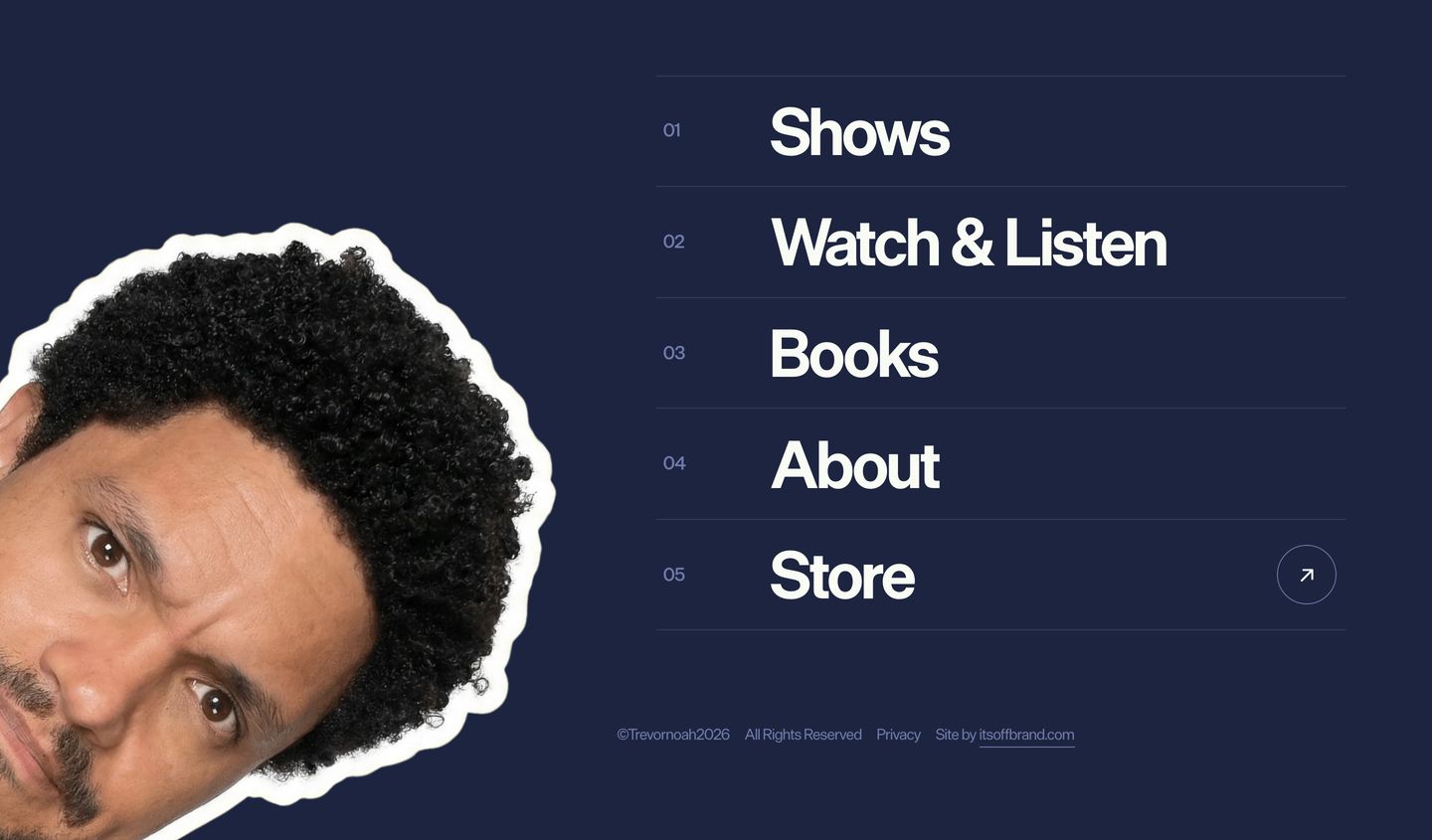 A playful sticker-cutout portrait peeks into a full-screen navy navigation overlay with bold numbered links.