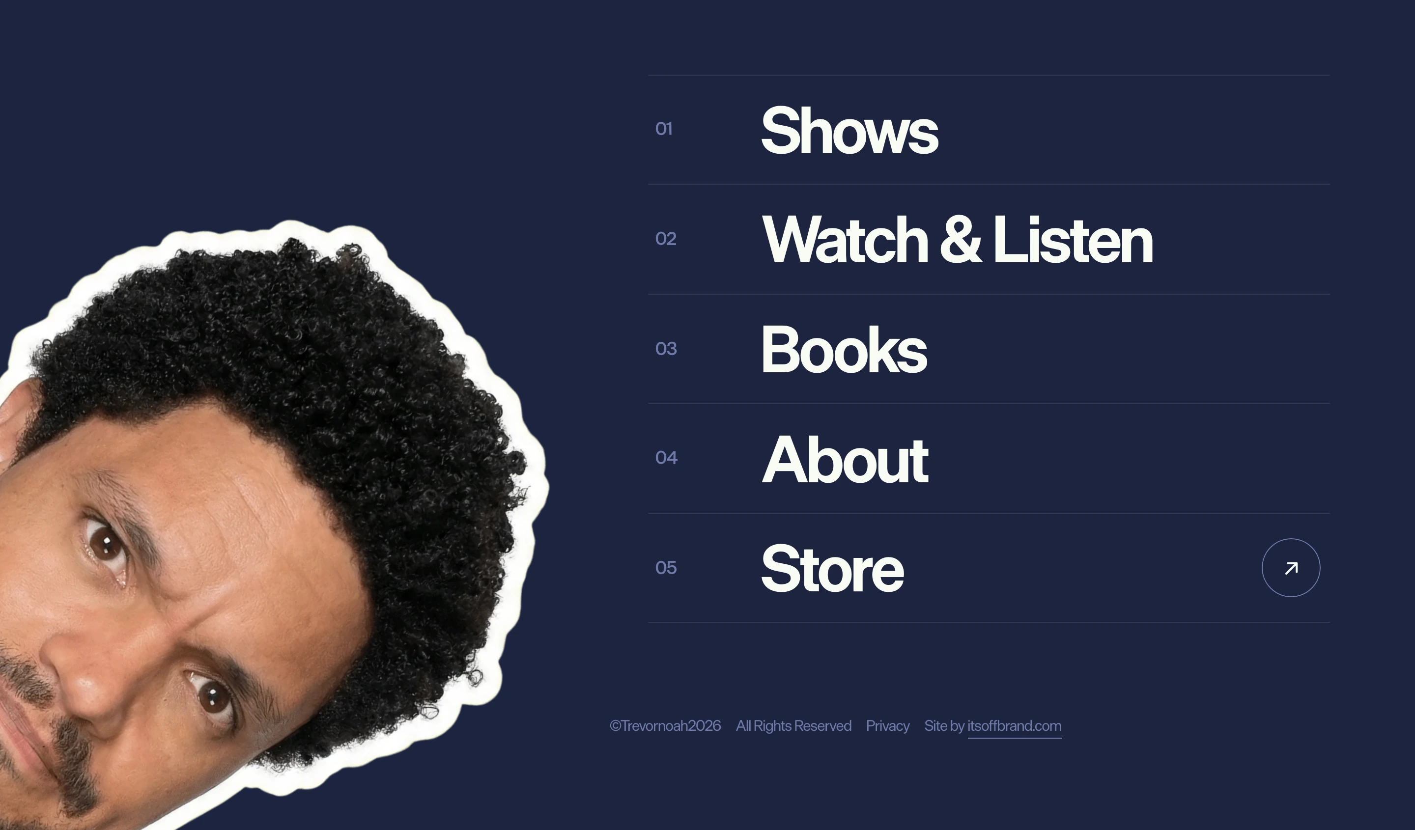 A playful sticker-cutout portrait peeks into a full-screen navy navigation overlay with bold numbered links.