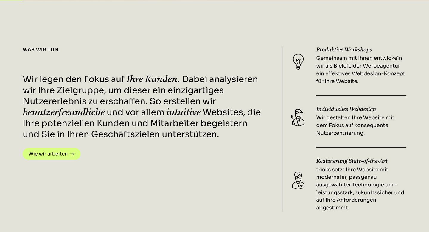 Quiet, editorial agency overview balancing conversational serif-italicised text with structured line-drawn service items.