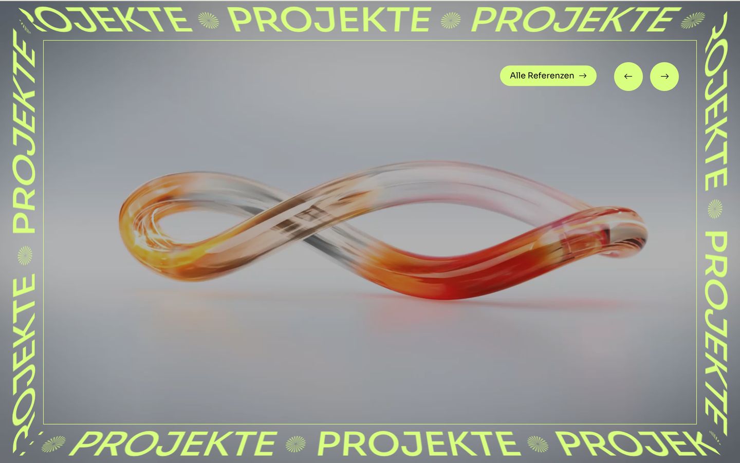 A fluid glass infinity loop floats suspended within a high-voltage neon typographic frame.