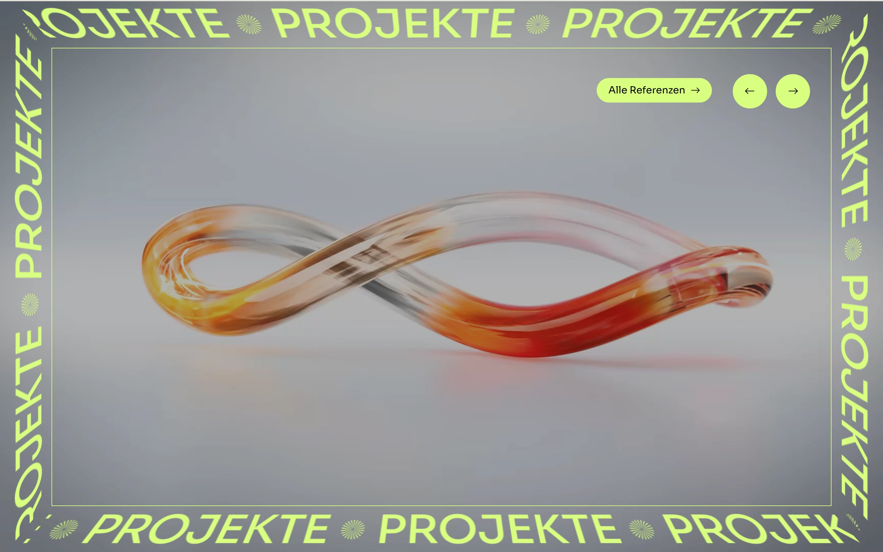 A fluid glass infinity loop floats suspended within a high-voltage neon typographic frame.